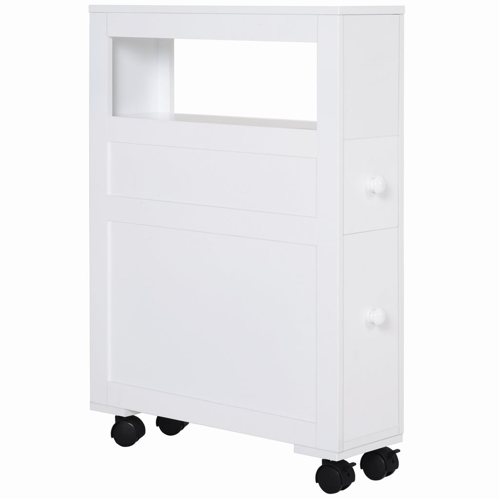 6.25" x 20.5" x 28.25" Wood Rolling Narrow Bathroom Side Storage Cabinet - White