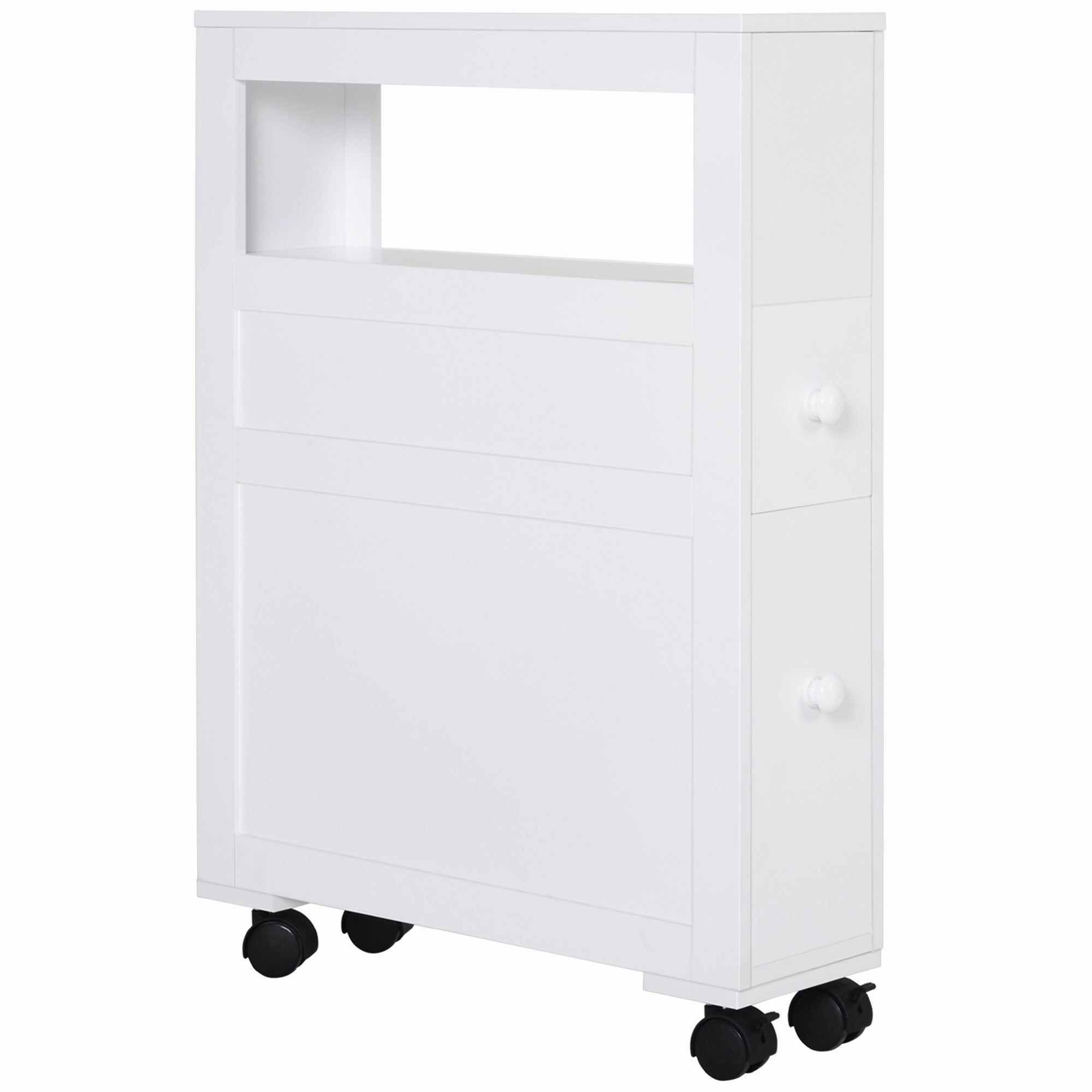 6.25" x 20.5" x 28.25" Wood Rolling Narrow Bathroom Side Storage Cabinet - White