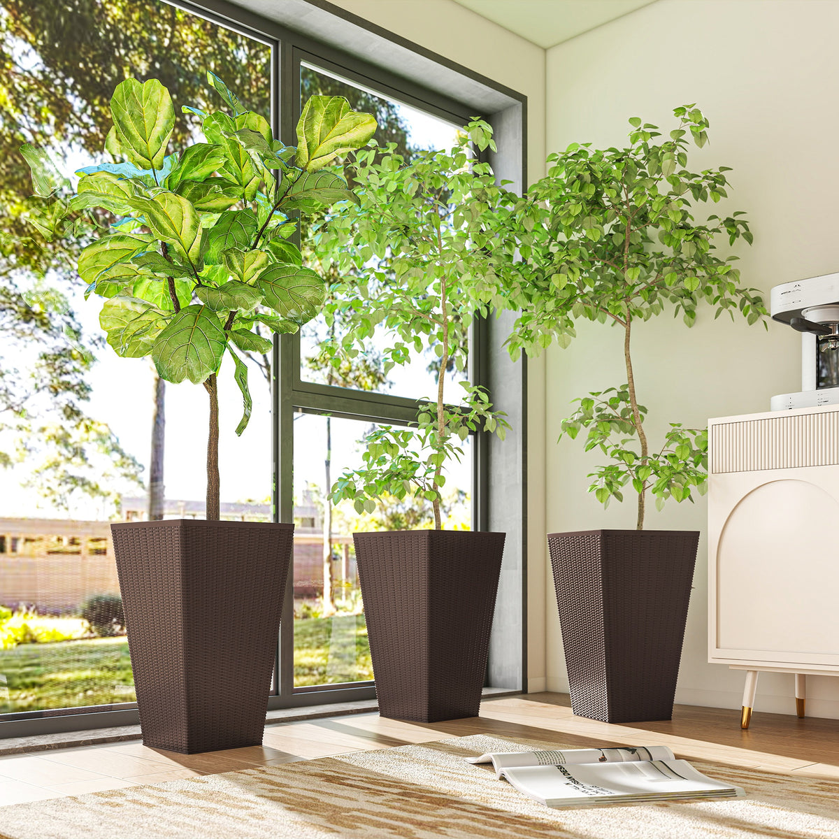 Set of 3 Tall Planters with Drainage Hole, 24" Outdoor Flower Plant Pots, Indoor Planters for Porch, Front Door, Entryway, Patio and Deck, Brown
