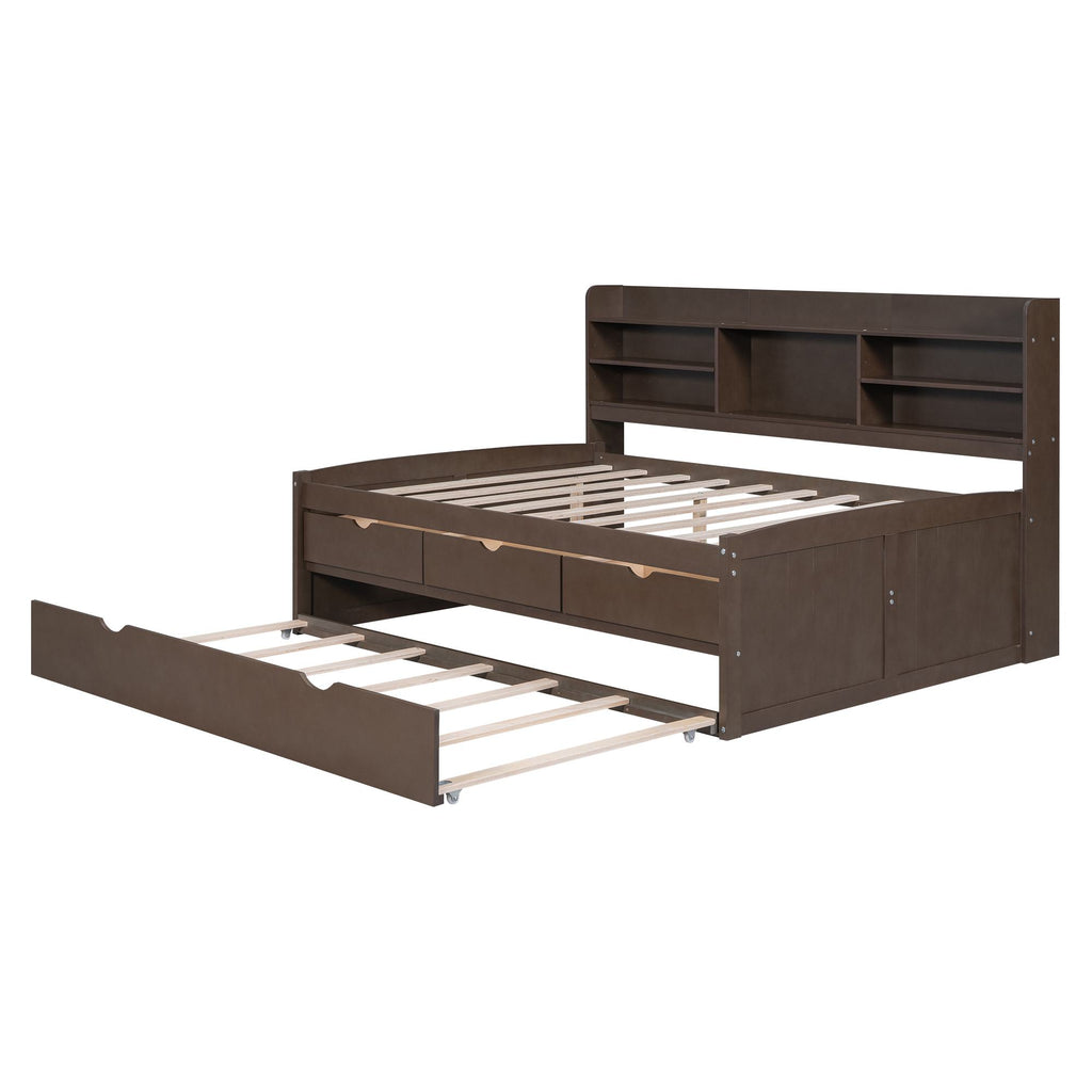 Classic Style Full Size Wooden Captain Bed with Built-in Bookshelves, 3 Storage Drawers, Trundle, 79" L x 104.5" W x 47" H, Antique Gray