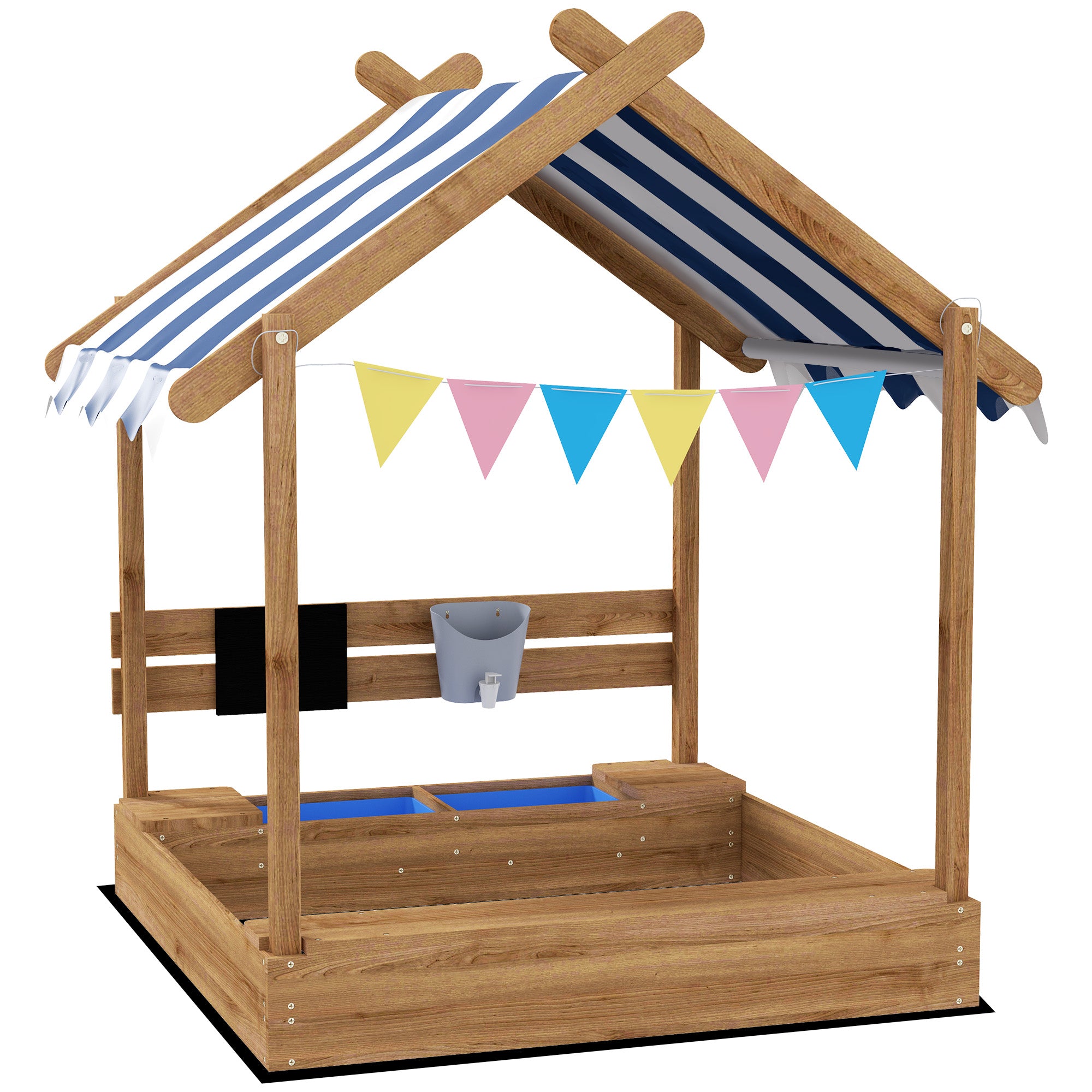 Wooden Sandbox with Canopy, House Design for 3-7 Years Old, Brown