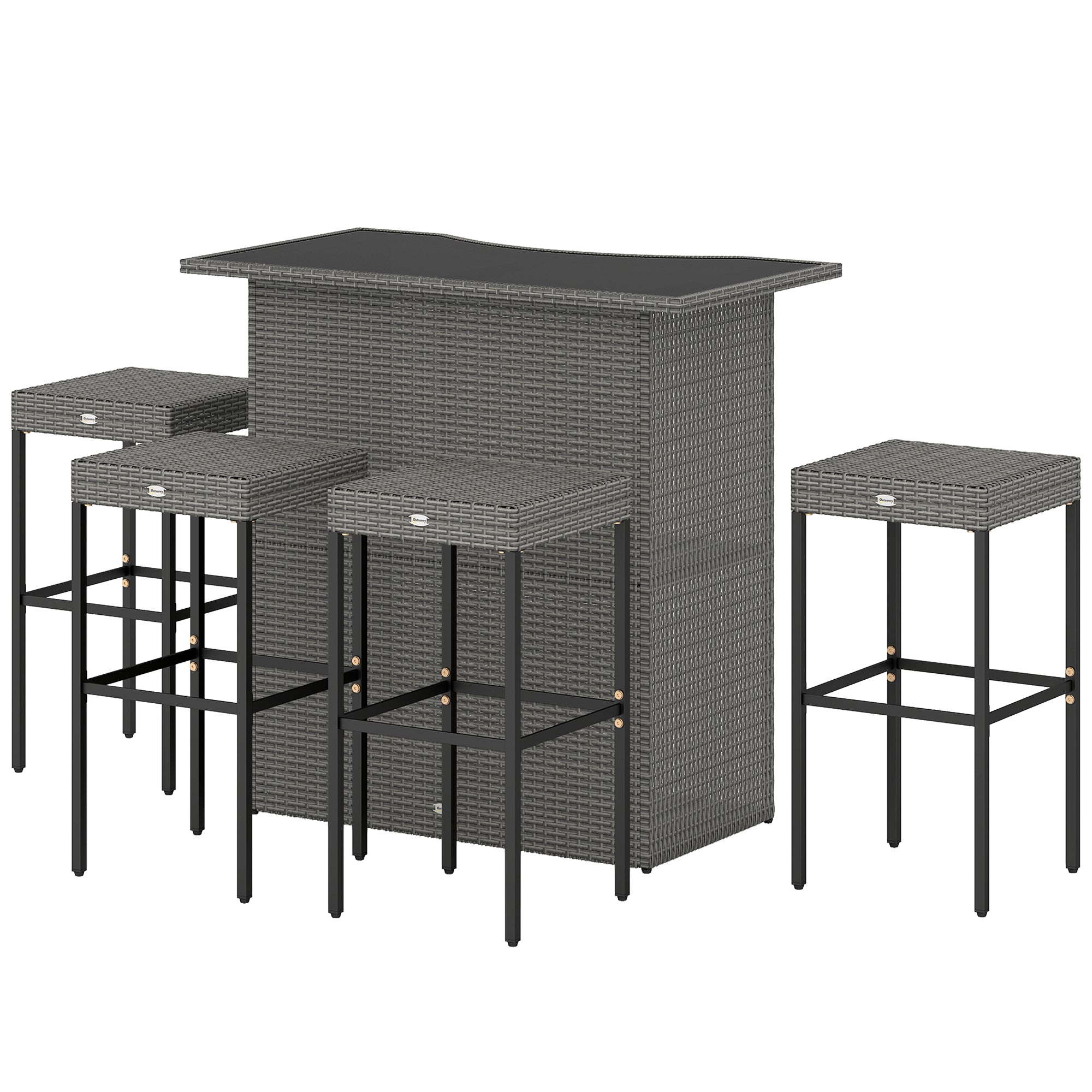 5 Piece Rattan Wicker Bar Set, High Top Outdoor Table and Chairs, Bar Height Patio Set, 2 Shelves & 4 Bar Stools, Gray