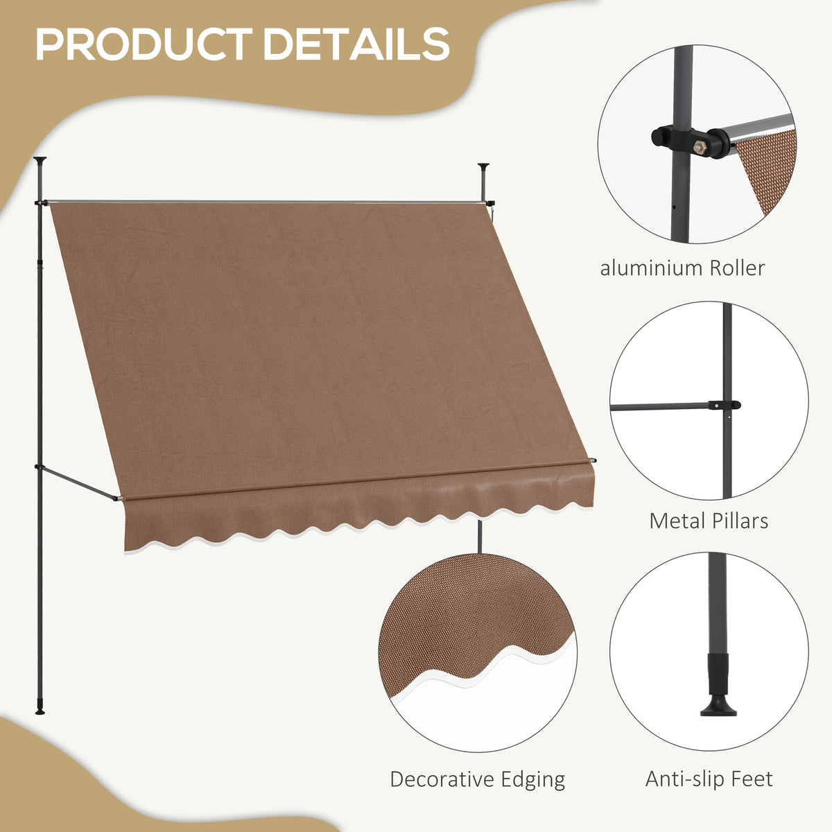 10' x 4' Manual Retractable Awning, Non-Screw Patio Awning, UV Resistant, for Window or Door, Coffee