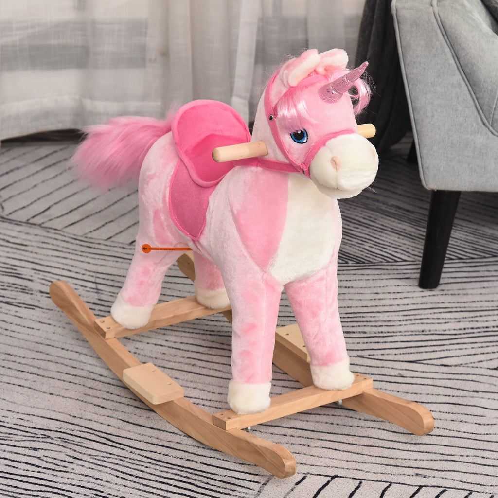 Kids Rocking Horse, Ride on Unicorn with Wooden Base, Tail Wag & Sounds for Toddlers 3-6 Years Old, Pink