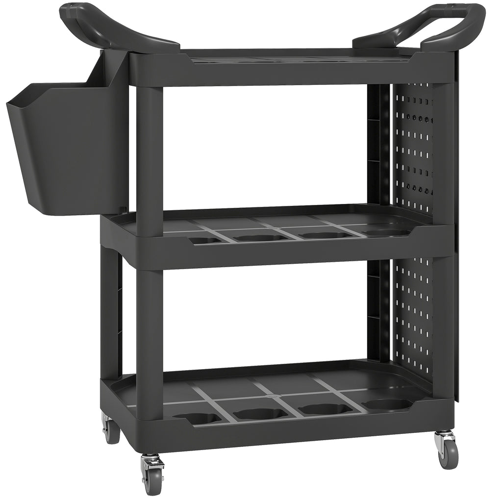 3-Tier Rolling Tool Cart, 200 LBS Capacity Plastic Utility Cart with Side Shelf and Storage Bucket, Black