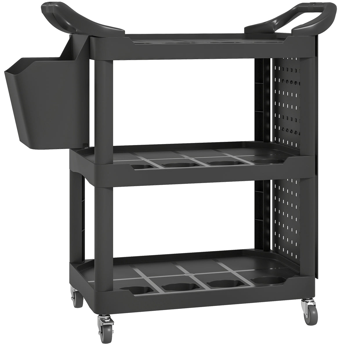 3-Tier Rolling Tool Cart, 200 LBS Capacity Plastic Utility Cart with Side Shelf and Storage Bucket, Black