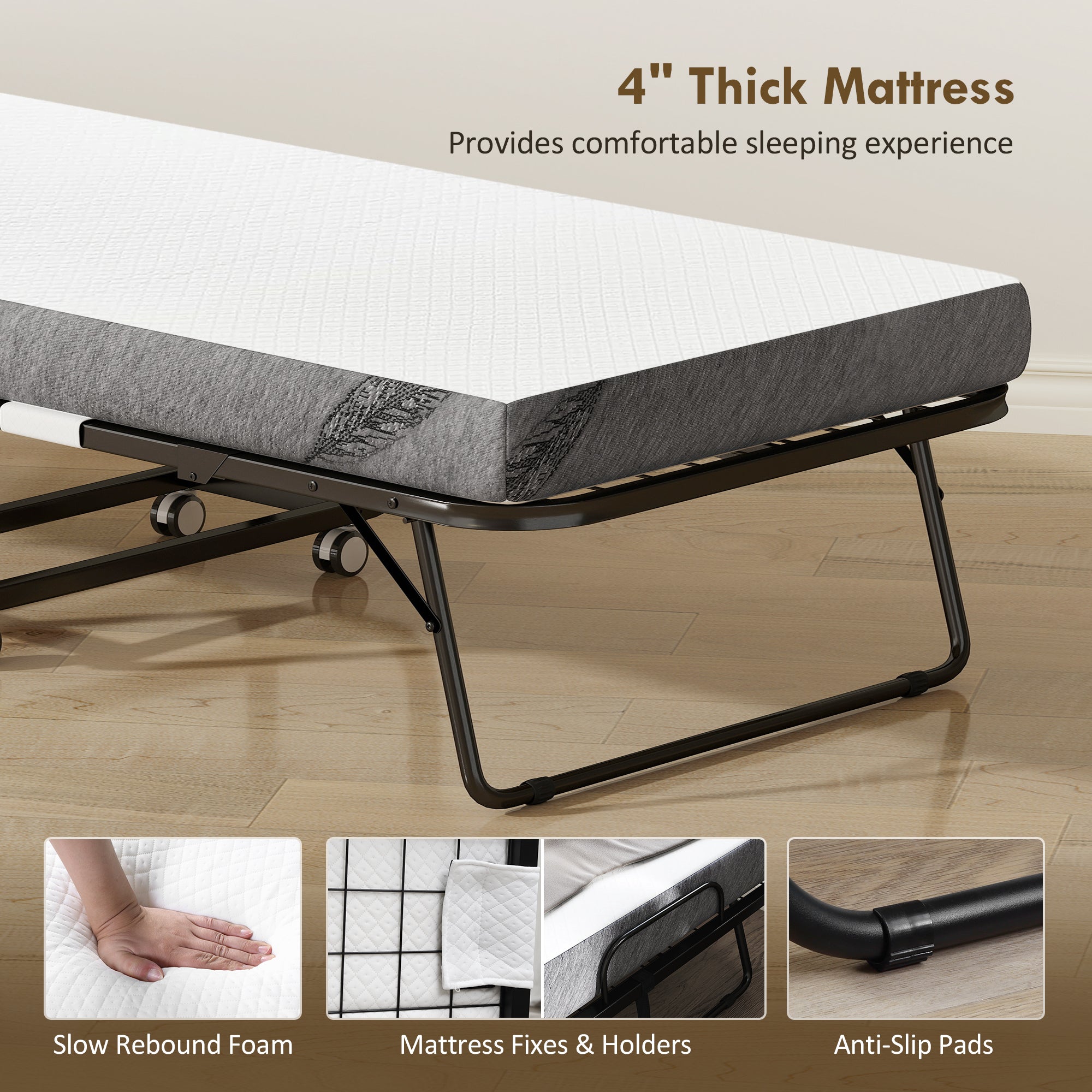 Folding Bed with Mattress for Adults, Long Twin Size, Portable Foldable Bed with 4" Foam Mattress & Space-Saving Steel Frame, 79" x 35", Fold Up, Roll Away & Hideaway, White