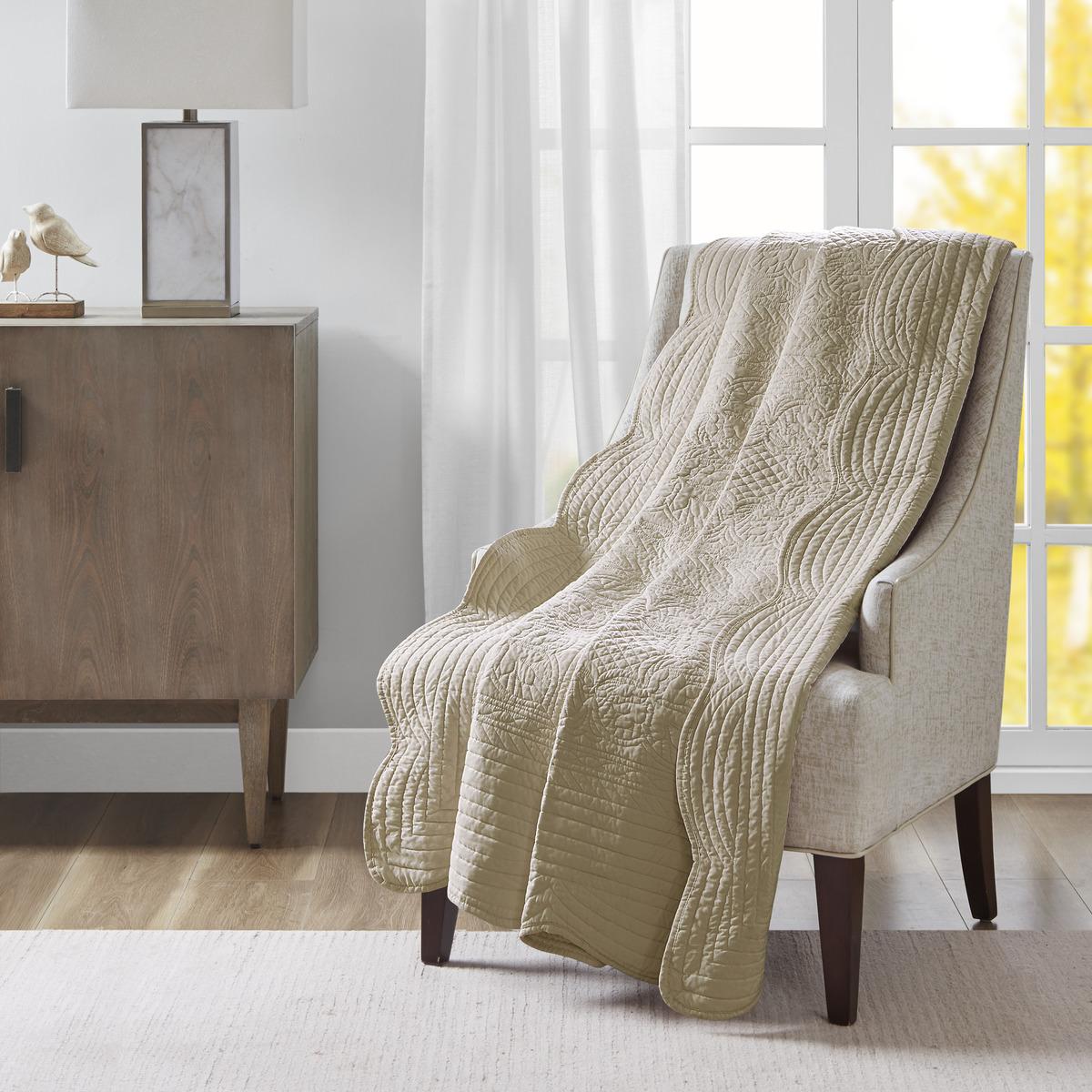 Oversized Quilted Throw with Scalloped Edges, Microfiber Face, Cotton Filled Blanket for Living Room, Bedroom, 72" L x 60" W x 0.25" H, Khaki