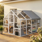 Wooden Catio Outdoor Cat Enclosure with Waterproof Cover, 2 Condos, 6 Platforms, Bridge, Doors, White