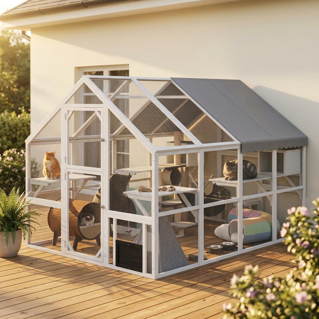 Wooden Catio Outdoor Cat Enclosure with Waterproof Cover, 2 Condos, 6 Platforms, Bridge, Doors, White