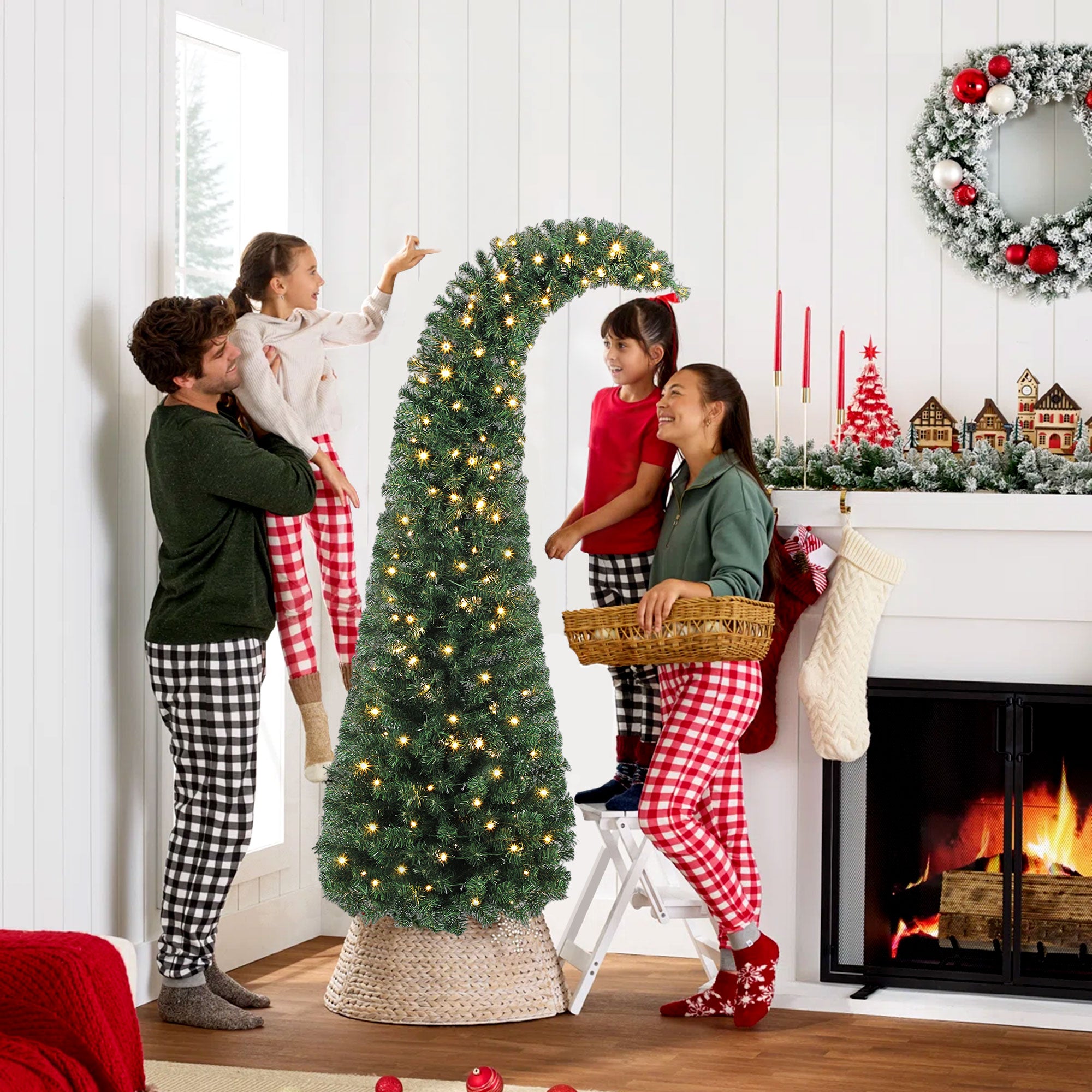 6 ft Prelit Christmas Tree, Whimsical Xmas Tree Slim High Mountain Fir with 200 LEDs and Metal Stand, Green