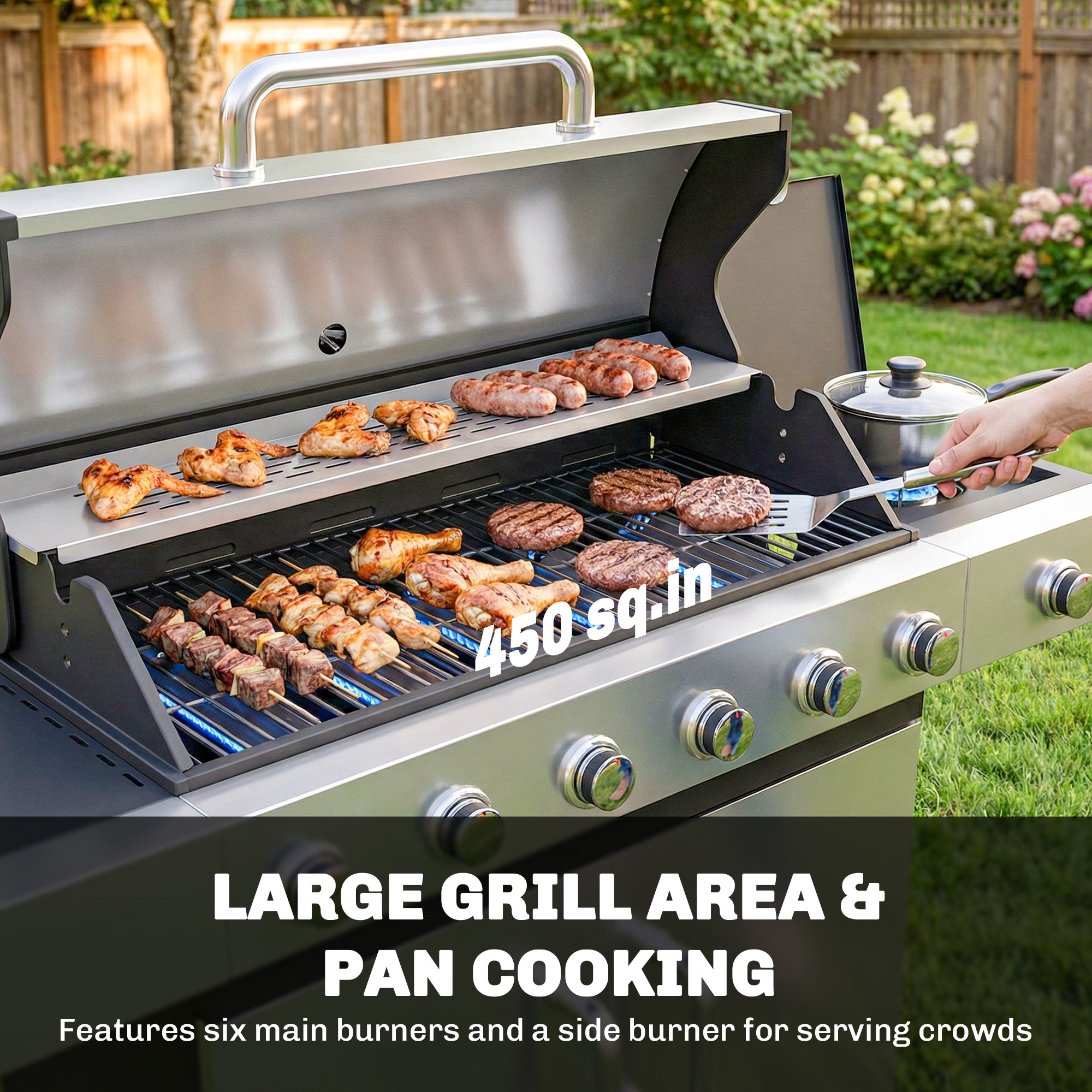 6 Burner Propane Gas Grill with Side Burner, Barbecue Grill with Cast Iron Grates, Wheels, Side Tables, Cabinet