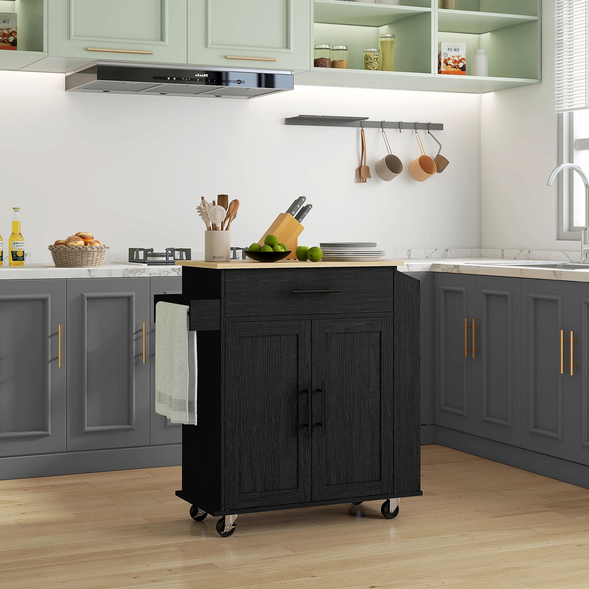Rolling Island with Wheels for Kitchen, Kitchen Island on Rollers with Power Outlets, Drawer, and Doors, Black