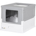 Fully Enclosed Cat Litter Box with Front Entry and Top Exit, Plastic, Gray & White