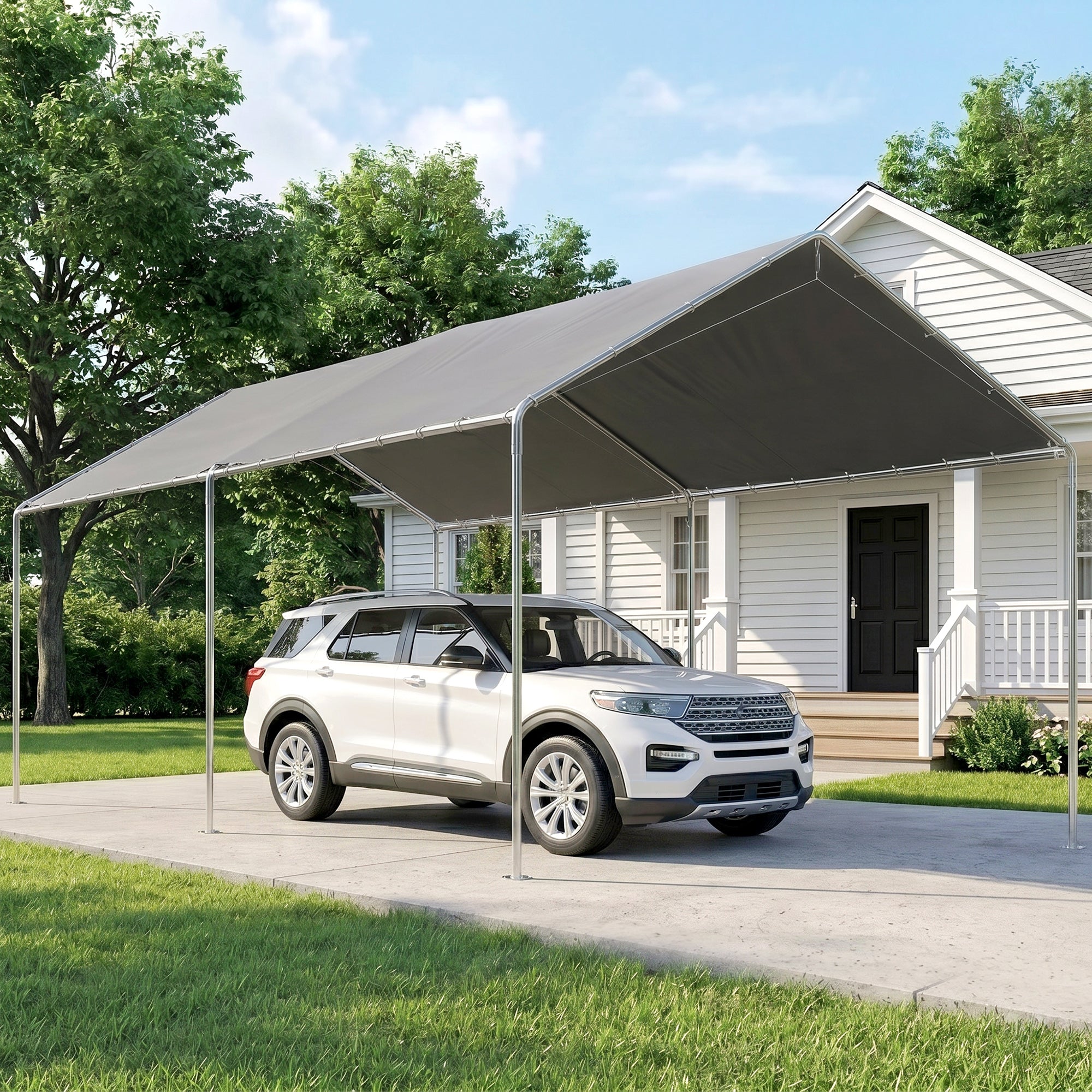 9.6' x 19.5' Carport Heavy Duty Galvanized Car Canopy w/ Included Anchor Kit, 3 Reinforced Steel Cables, Gray