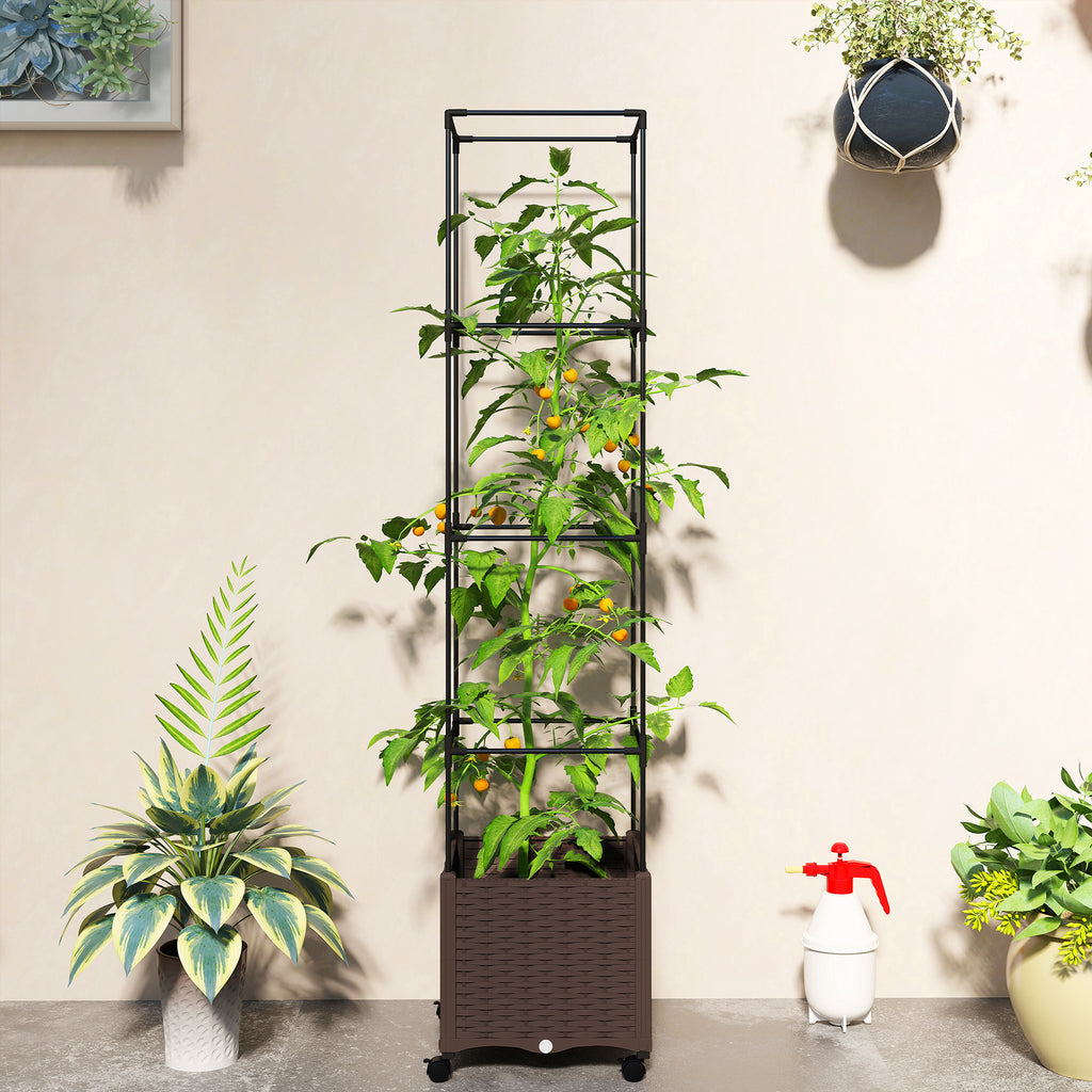Raised Garden Bed with Trellis, Tomato Cage with Lockable Wheels, Self Watering Planter Box with Drainage Holes, Brown