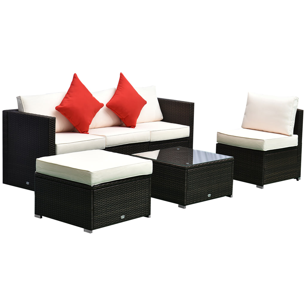 6 Piece Patio Furniture Set Outdoor Wicker Conversation Set All Weather PE Rattan Sectional Sofa Set with Ottoman, Cushions and Tempered Glass Table, Mixed Brown and Cream White