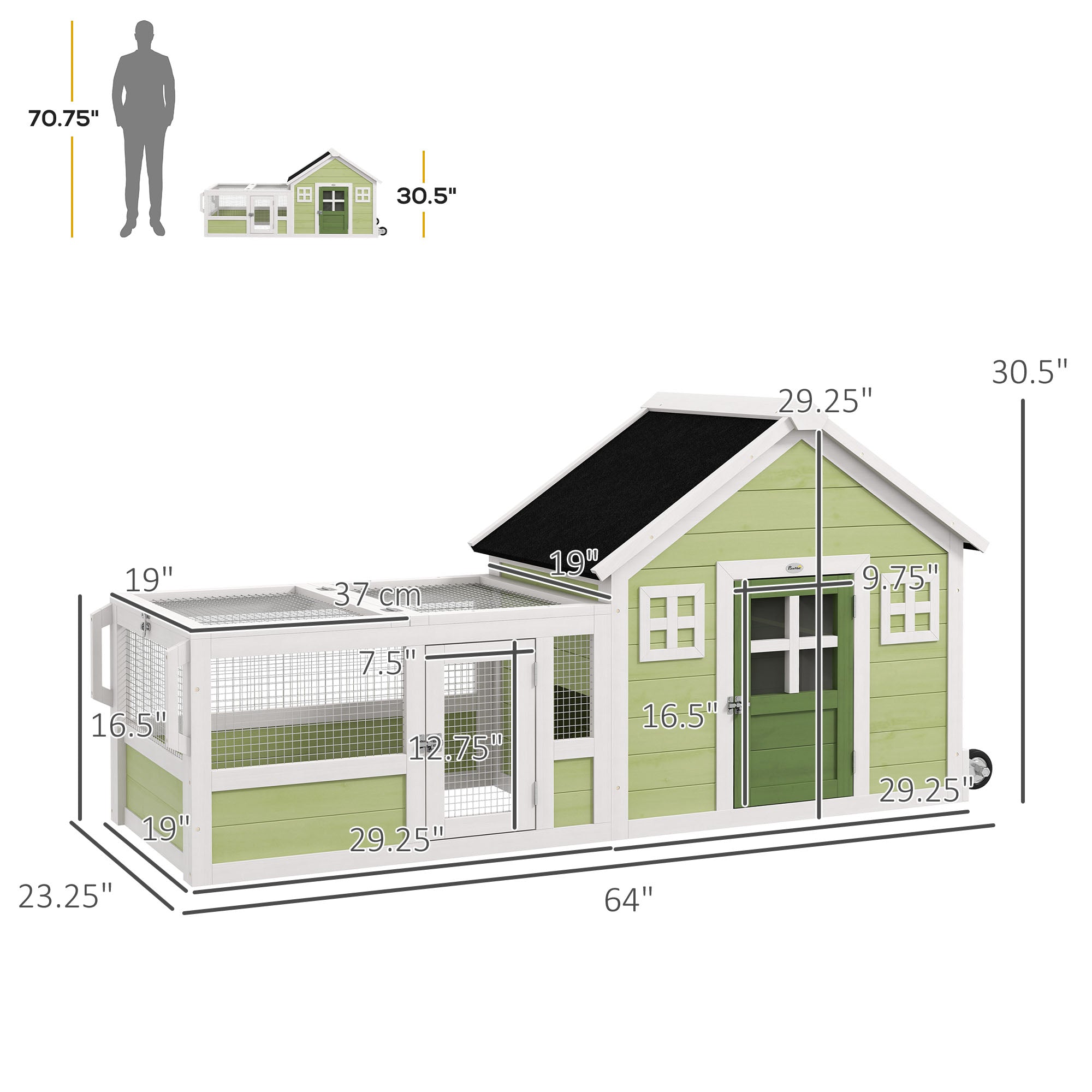 64 Inch Rabbit Hutch with Asphalt Roof, Handle, Wheels, Multicolo