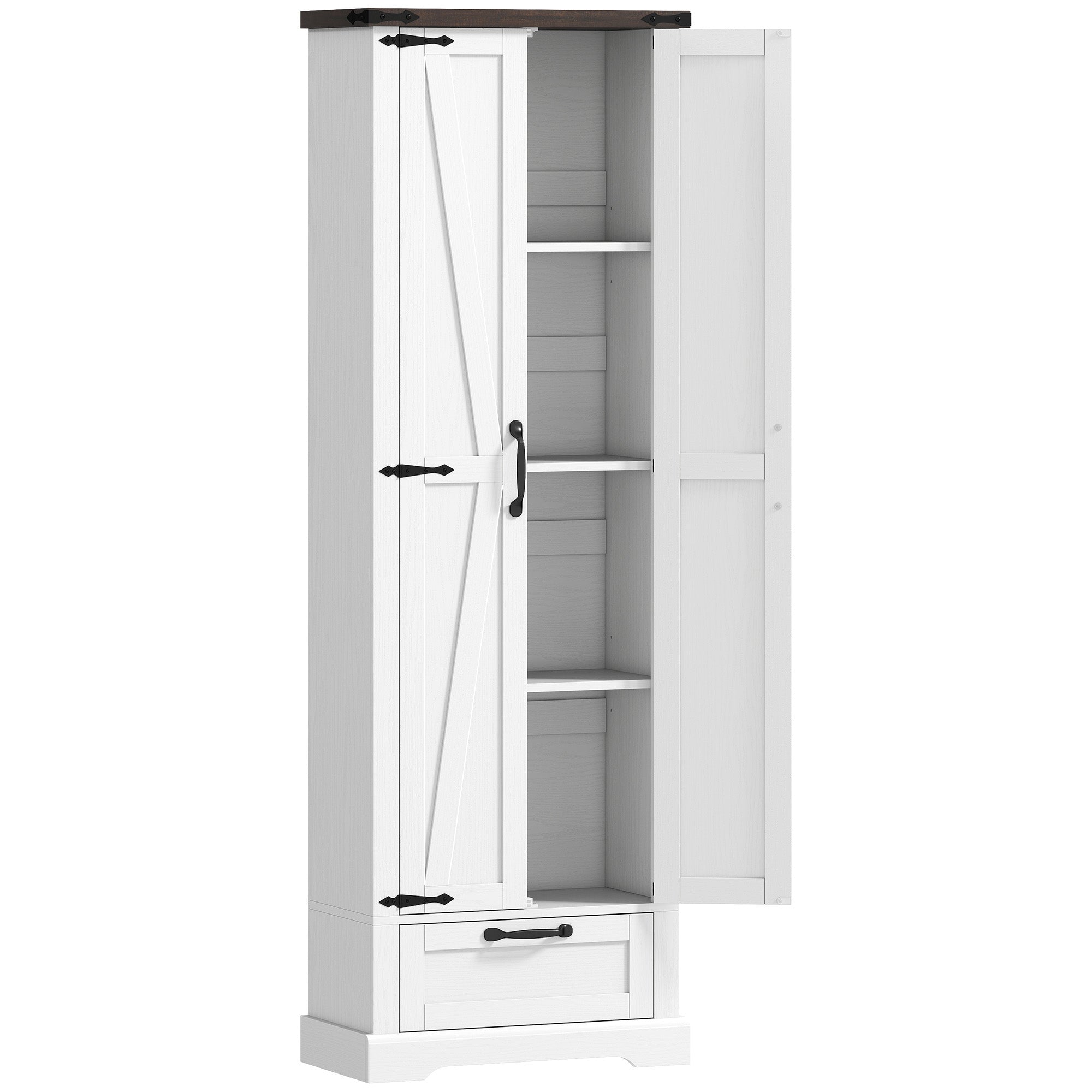 71" Pantry Cabinet, Kitchen Storage Cabinet with Adjustable Shelves, Barn Doors and Drawer for Dining Room, White
