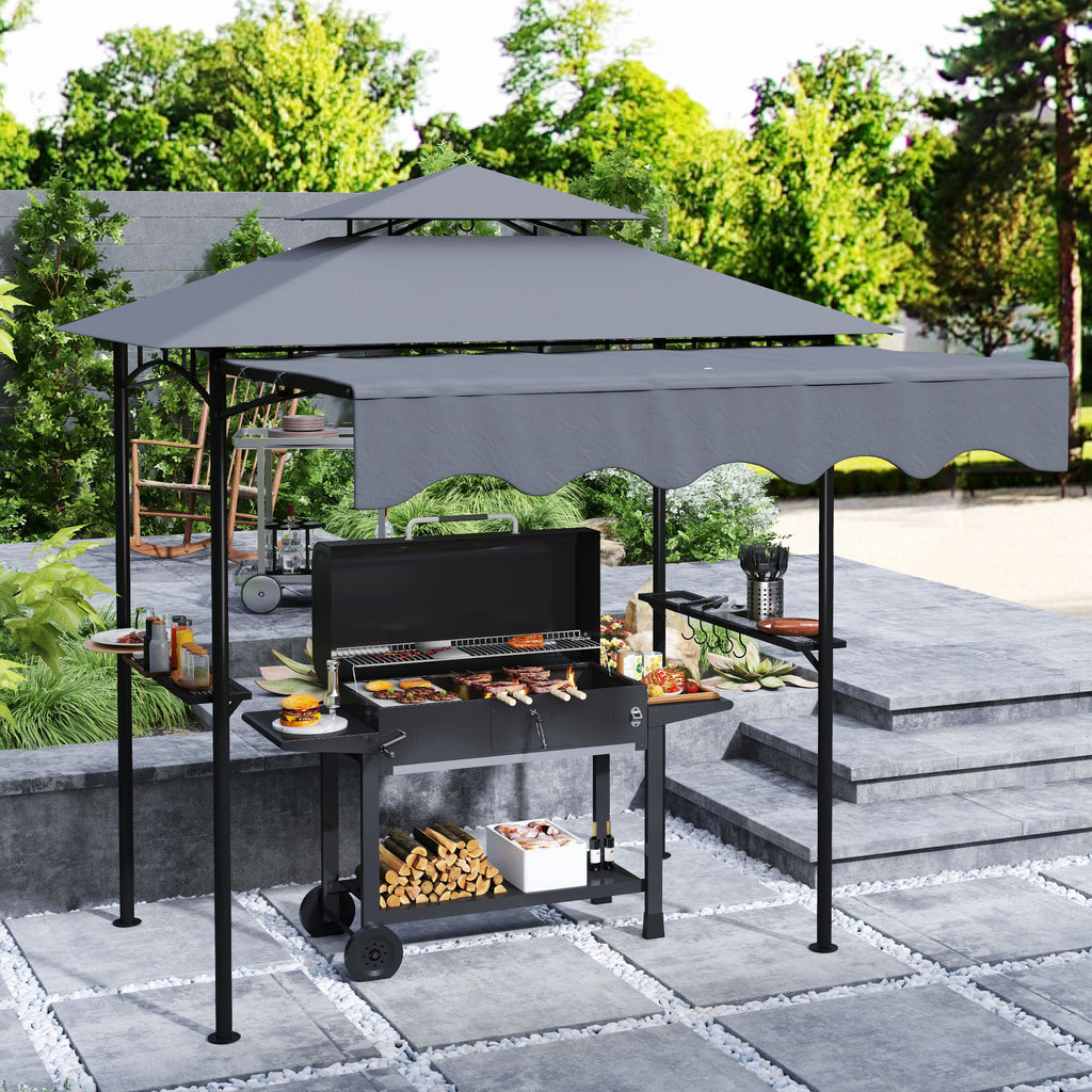 8' x 7.6' Outdoor Grill Gazebo, Barbecue Gazebo Shelter with Side Awning, 2 Side Shelves and 6 Hooks, Dark Gray