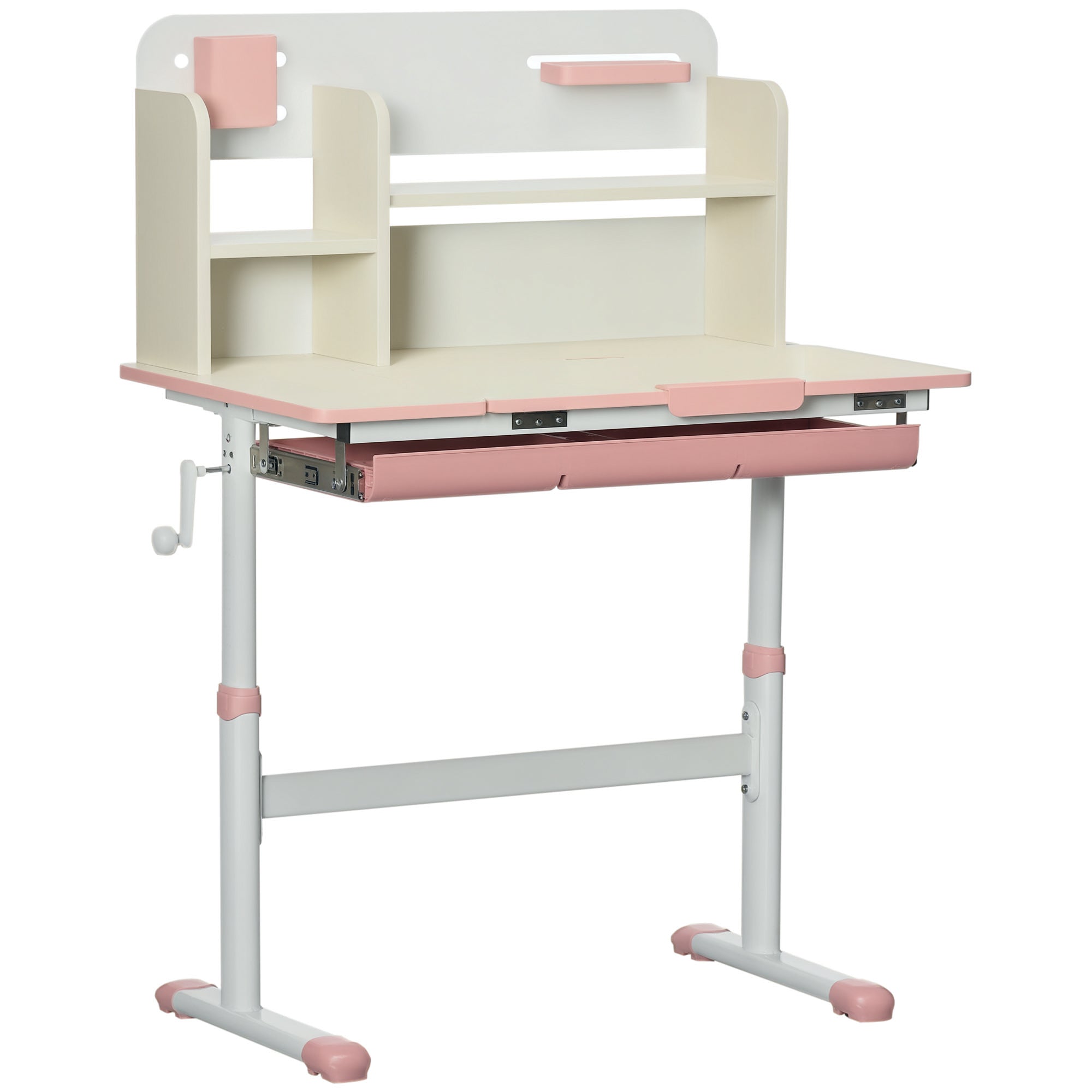Wooden Kids Study Desk, Height Adjustable Children School Study Table, Student Writing Desk with Tilt Desktop, Drawer, Storage Shelf, Pen Holder, Pink