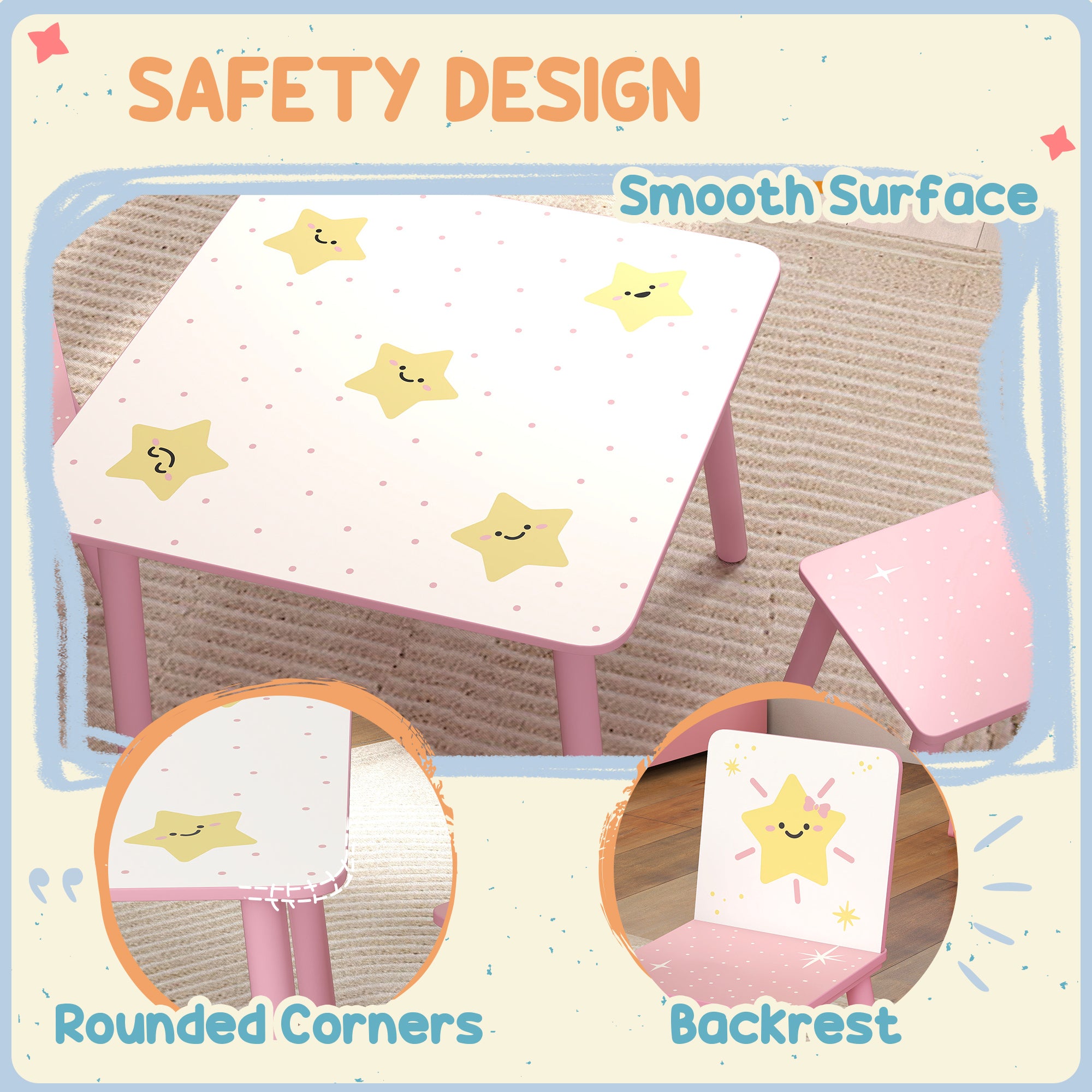 3-Piece Kids Toddler Table and Chair Set Furniture for Boys and Girls Aged 3-8, Bedroom, Nursery, Playroom, Pink