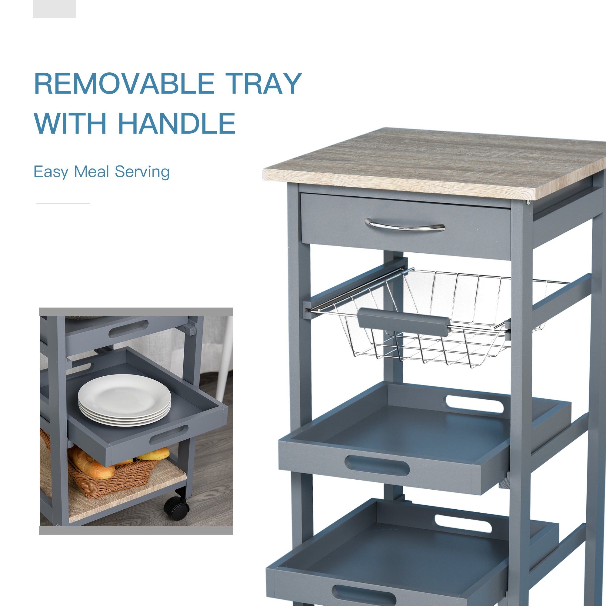 Mobile Kitchen Cart, Rolling Kitchen Island with Storage, Utility Cart with Wire Fruit Baskets, Trays and Drawer, Gray