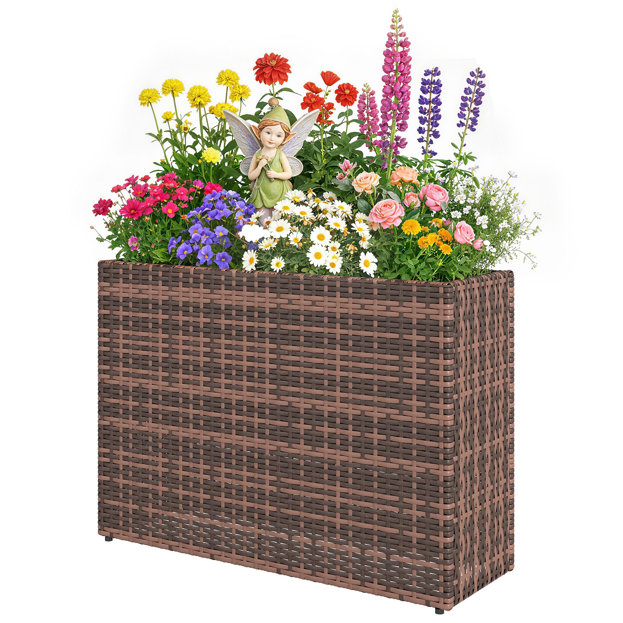 Tall Rectangular Planter with Removable Liner, Holes, PE Wicker Large Planter Box for Indoor Outdoor Plants, Brown