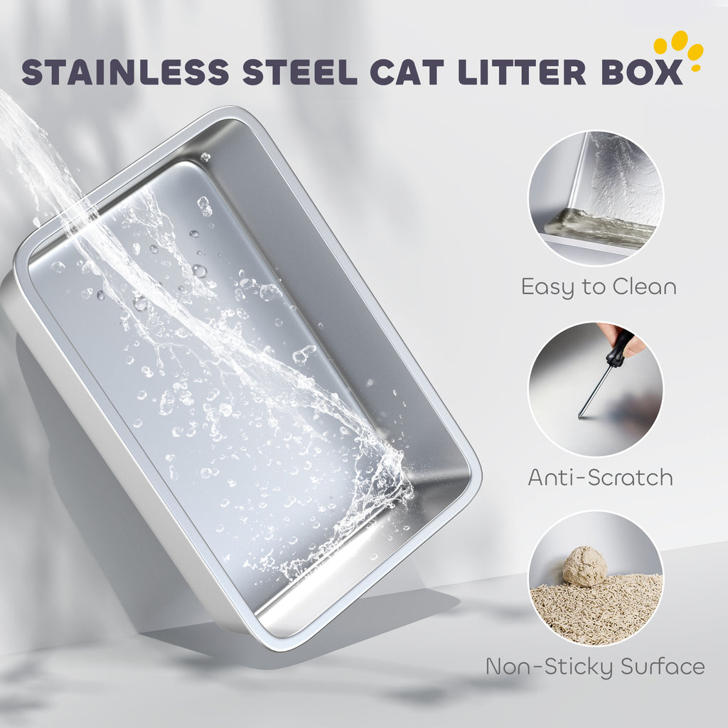 Extra Large Stainless Steel Cat Litter Box for Big Cats with Flip Cover, High-Sided Enclosure & Scoop