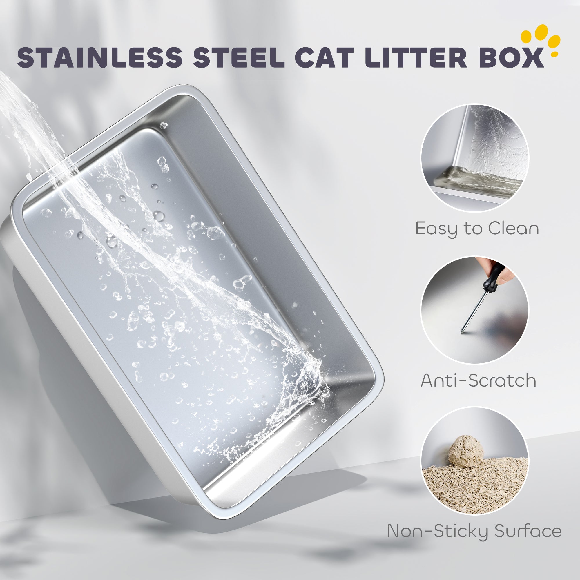 Extra Large Stainless Steel Cat Litter Box for Big Cats with Flip Cover, High-Sided Enclosure & Scoop