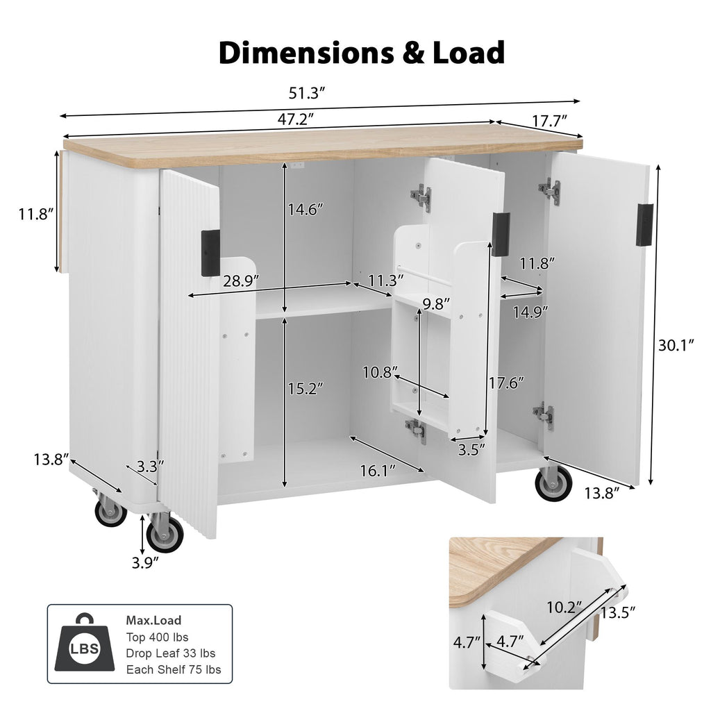 Fluted Kitchen Island with Drop Leaf, Internal Storage Rack, Rolling Kitchen Cart with Towel Rack, Adjustable Shelves, Smooth Curved Edge, White