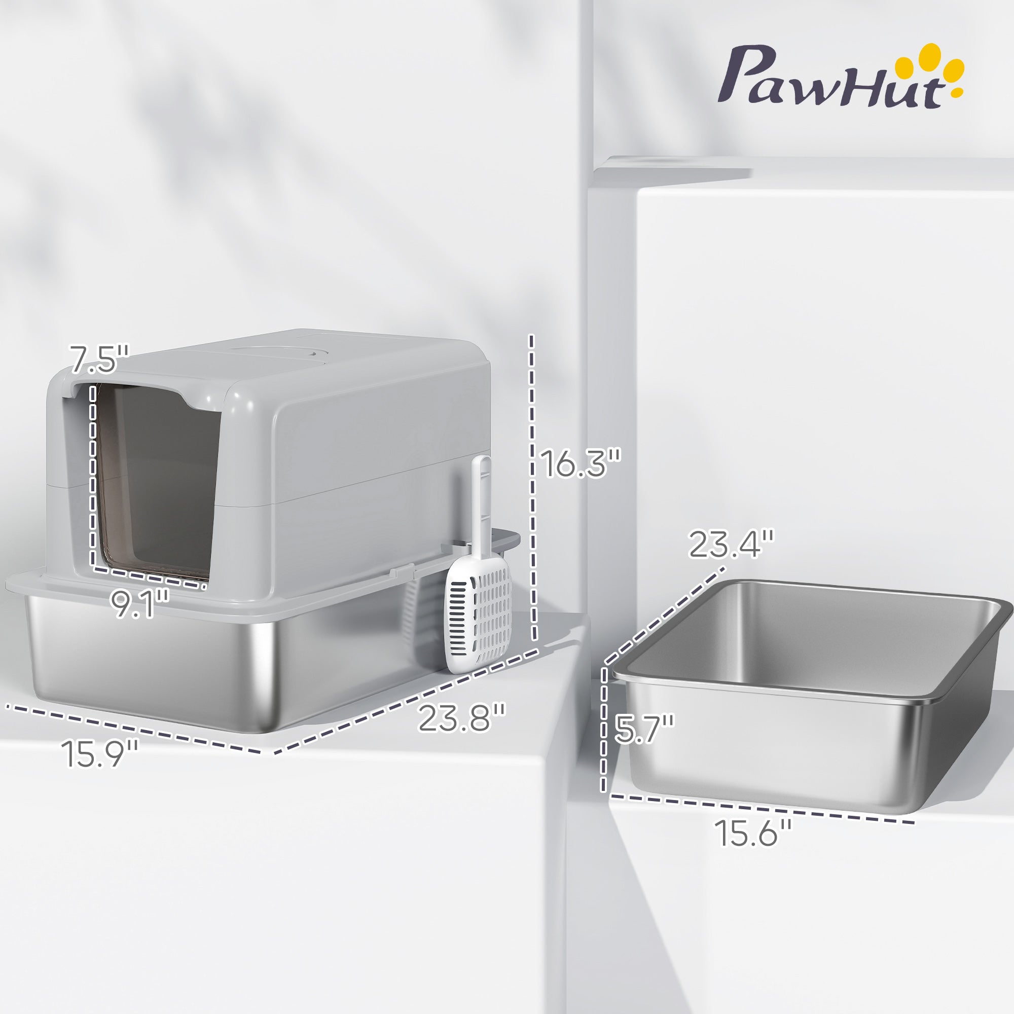 2 in 1 Stainless Steel Cat Litter Box with Removable Lid, Scoop, Filter Bags, for Small to Large Cats, Gray