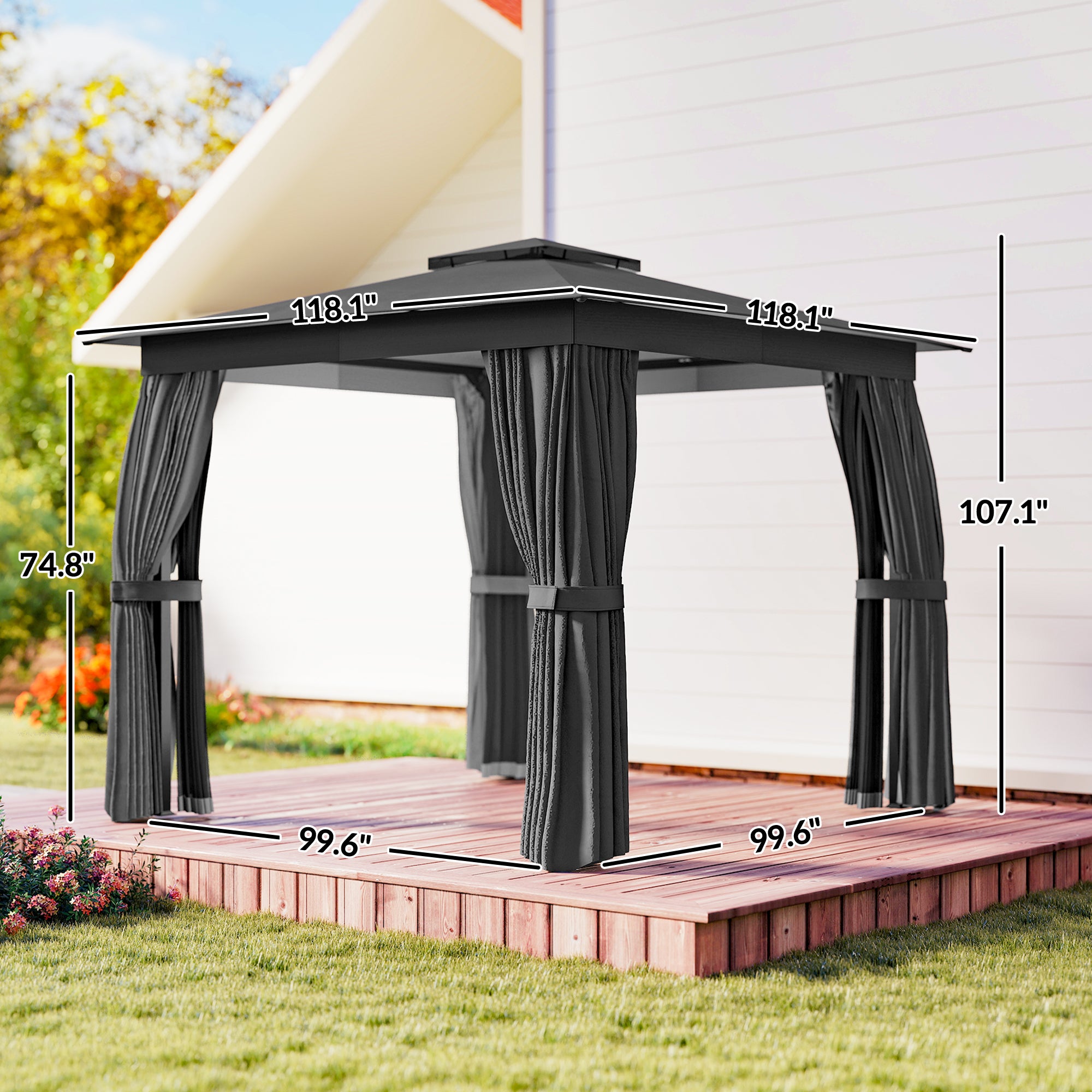 10' x 10' Outdoor Patio Gazebo, Soft Top Gazebo Canopy Shelter with Curtains, Netting, Steel Frame, Hook, Dark Gray