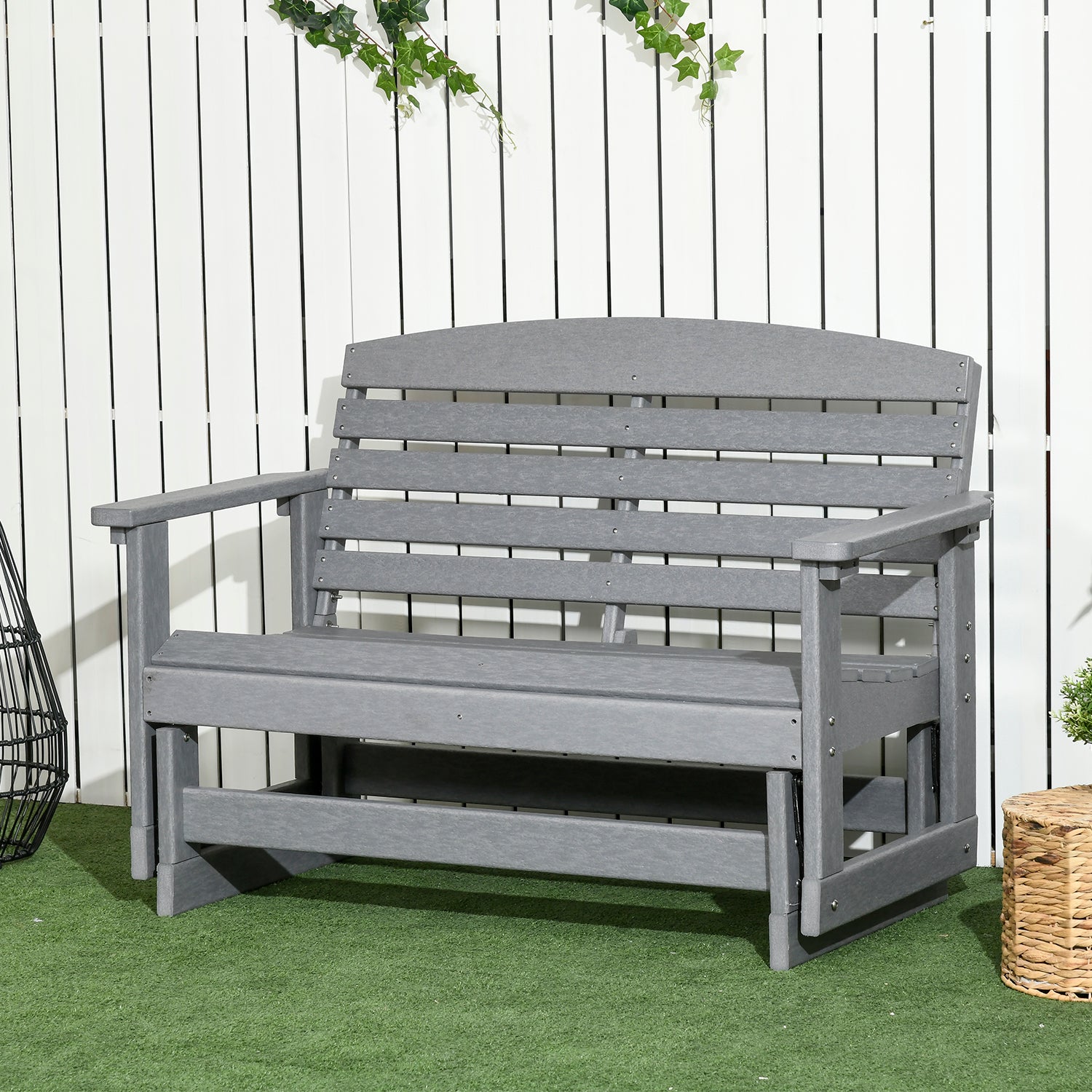 Patio Glider Bench w/ HDPE Slatted Double Rocking Chair, Light Gray