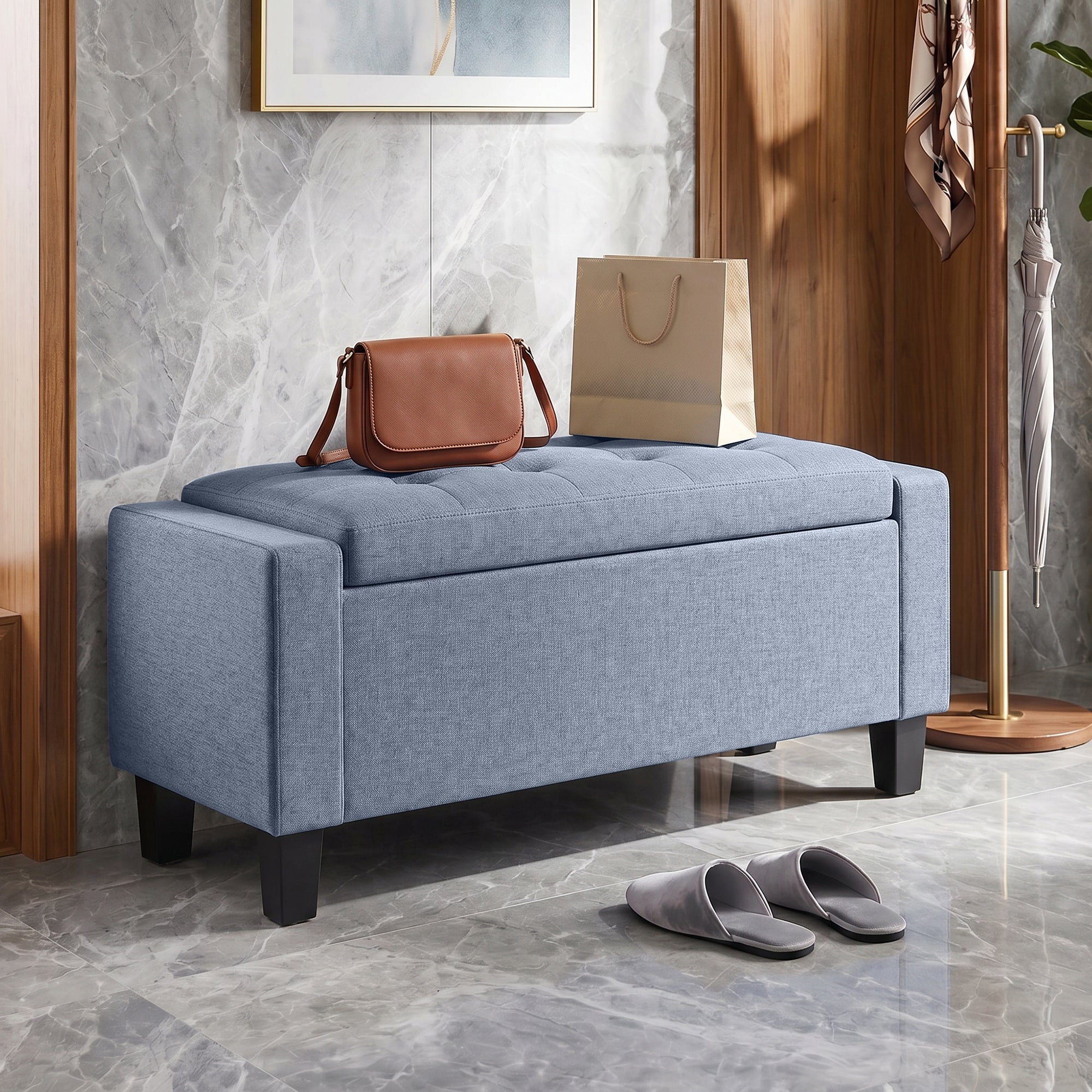 Storage Ottoman, Storage Bench with Wooden Legs, Tufted Armrests for Entryway, Living Room, Bedroom, 36.6", Dark Gray