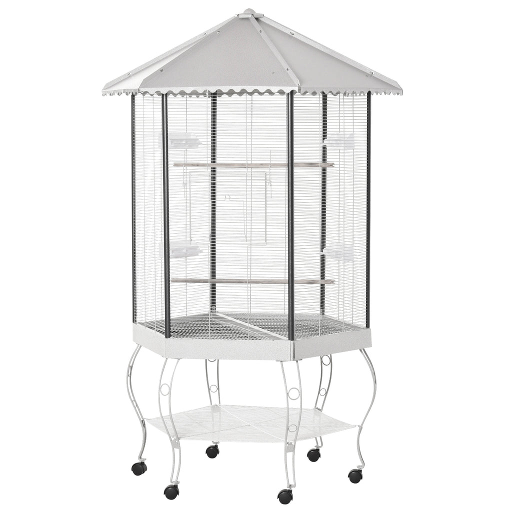 77" Flight Bird Cage Hexagon Covered Canopy Portable Aviary With Storage