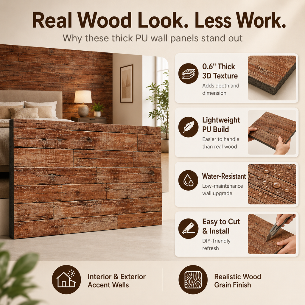 8-Pack 3D Faux Wood Wall Panels, Lightweight Polyurethane Panels for Interior and Exterior Accent Walls, Brown