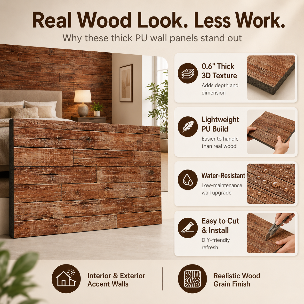 8-Pack 3D Faux Wood Wall Panels, Lightweight Polyurethane Panels for Interior and Exterior Accent Walls, Brown
