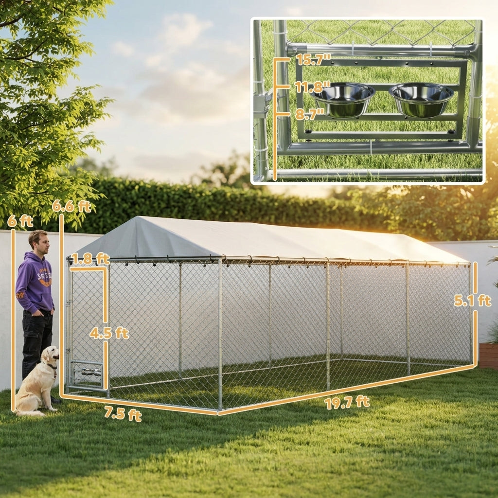 Dog Kennel Outdoor Dog Run Waterproof UV-Resist Cover Lockable Door Adjustable Bowls 20 x 7.5 x 6.5ft