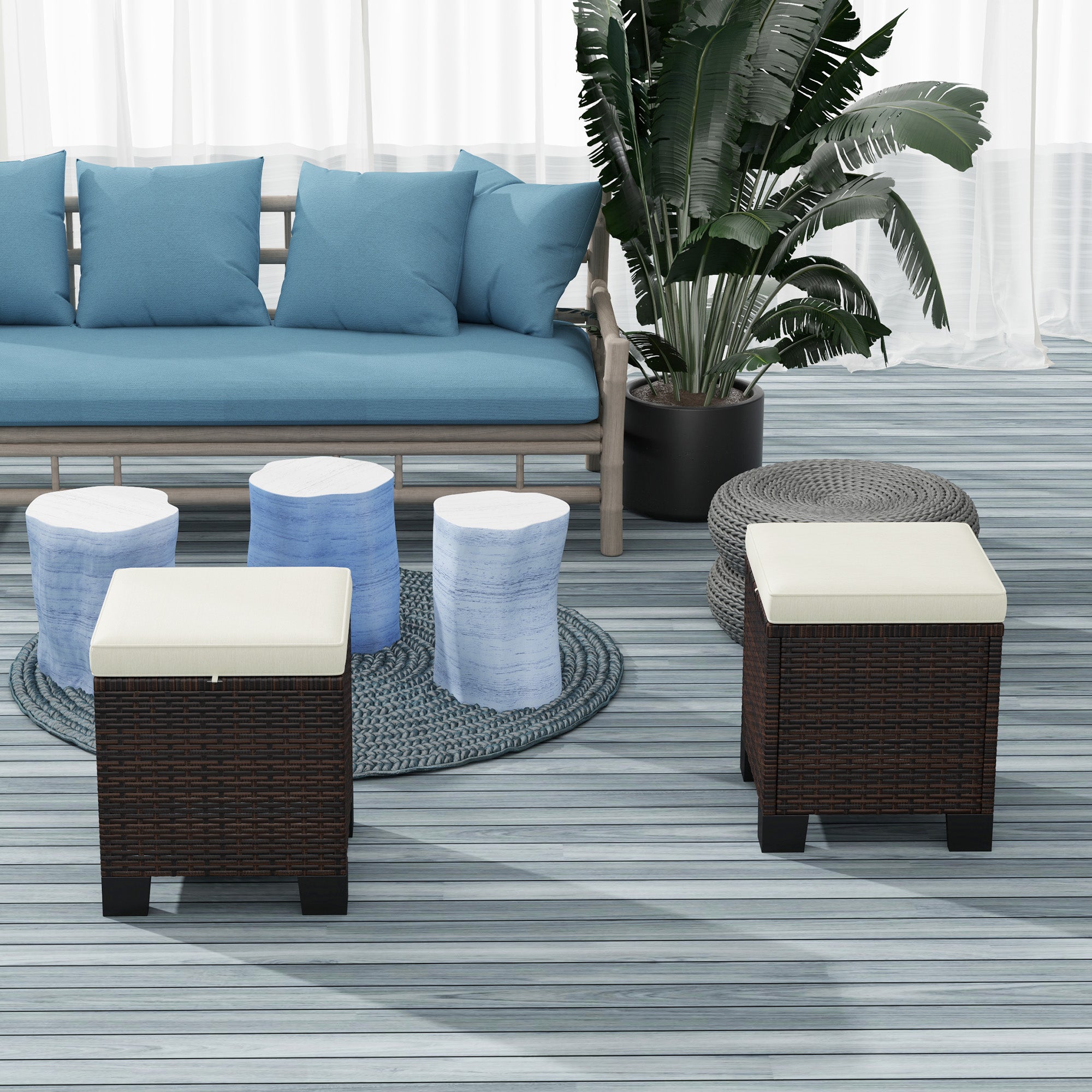 2 Piece Wicker Outdoor Ottomans with Cushions, Rattan Ottoman Footrest and Side Table for Patio, Yard, Poolside, Beige