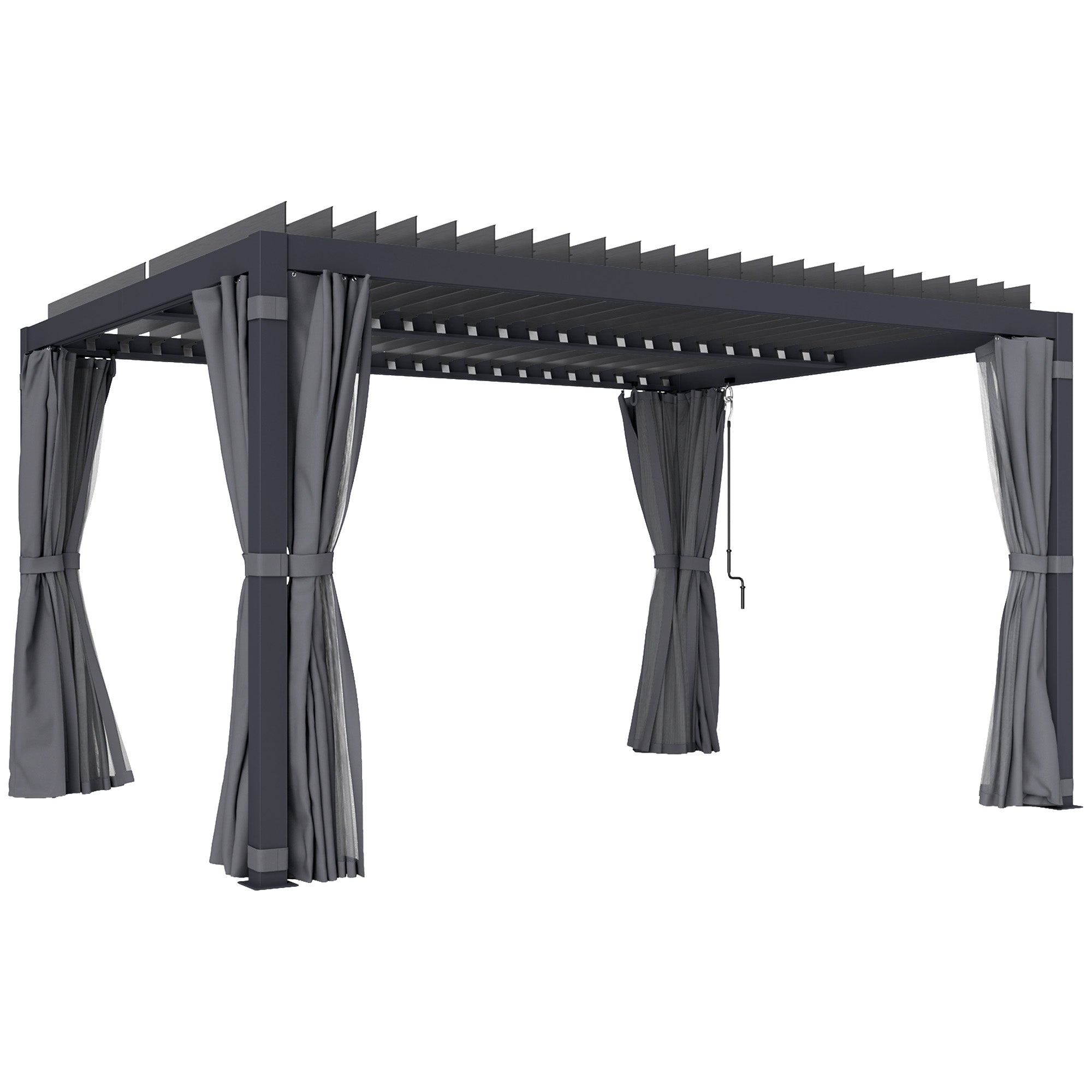 10' x 13' Outdoor Retractable Pergola w/ Sun Shade Louvered Top, Pergola w/ Canopy, Curtains, Netting, Dark Gray
