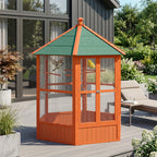 69" Wooden Hexagonal Outdoor Aviary Flight Bird Cage With Covered Roof, Brown