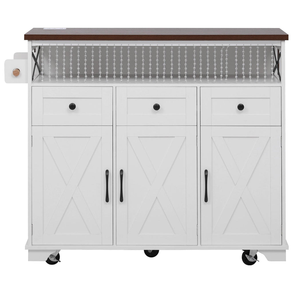 Farmhouse Kitchen Island Cart with Beaded Drape, Power Outlet, Drop Leaf, Rolling Wheels, 3 Doors, 3 Drawers, Adjustable Shelves, White