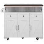 Farmhouse Kitchen Island Cart with Beaded Drape, Power Outlet, Drop Leaf, Rolling Wheels, 3 Doors, 3 Drawers, Adjustable Shelves, White