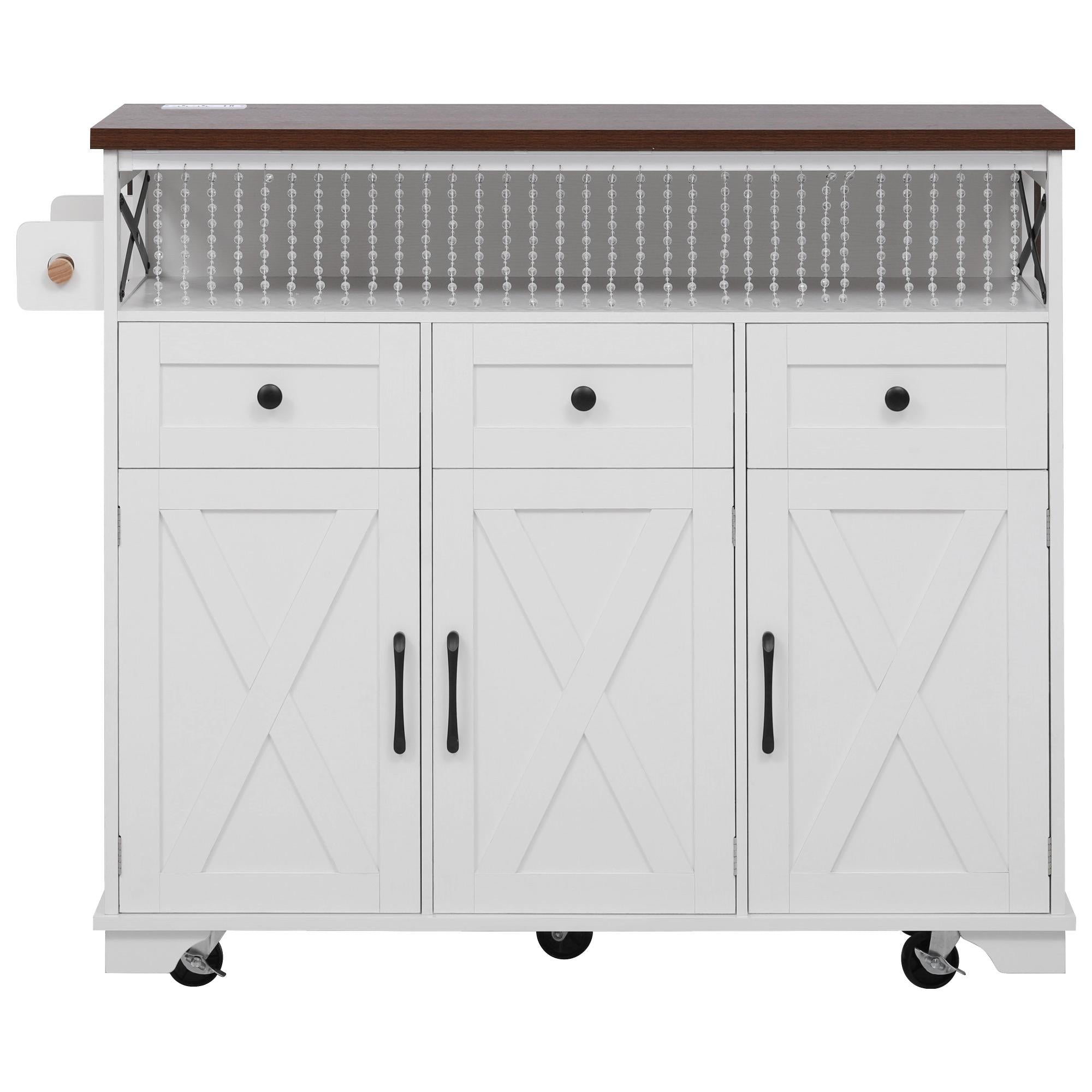 Farmhouse Kitchen Island Cart with Beaded Drape, Power Outlet, Drop Leaf, Rolling Wheels, 3 Doors, 3 Drawers, Adjustable Shelves, White