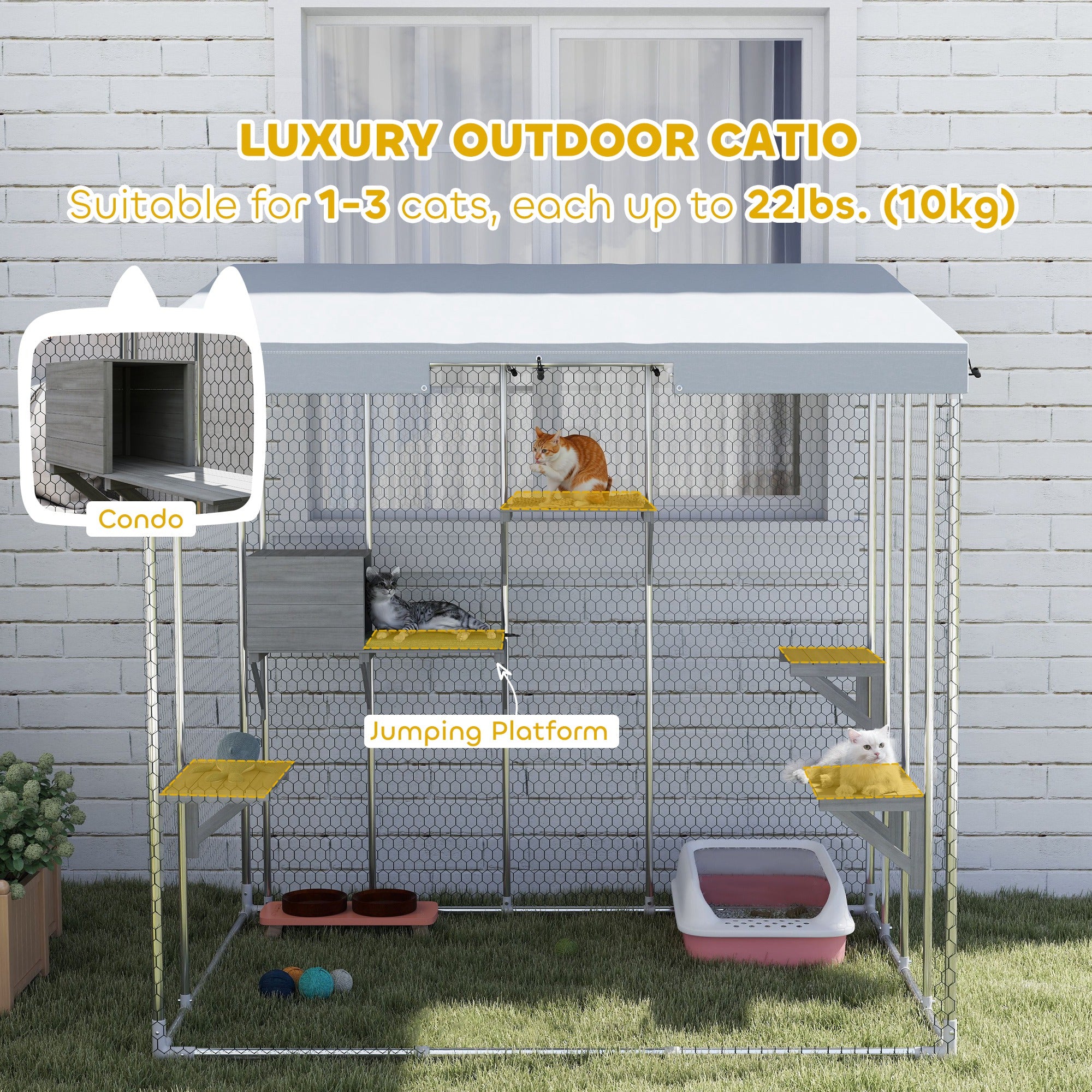 79" Galvanized Steel Large Catio with Waterproof Canopy, Sleeping Box, Jumping Platforms, for 1-3 Kittens, Silver