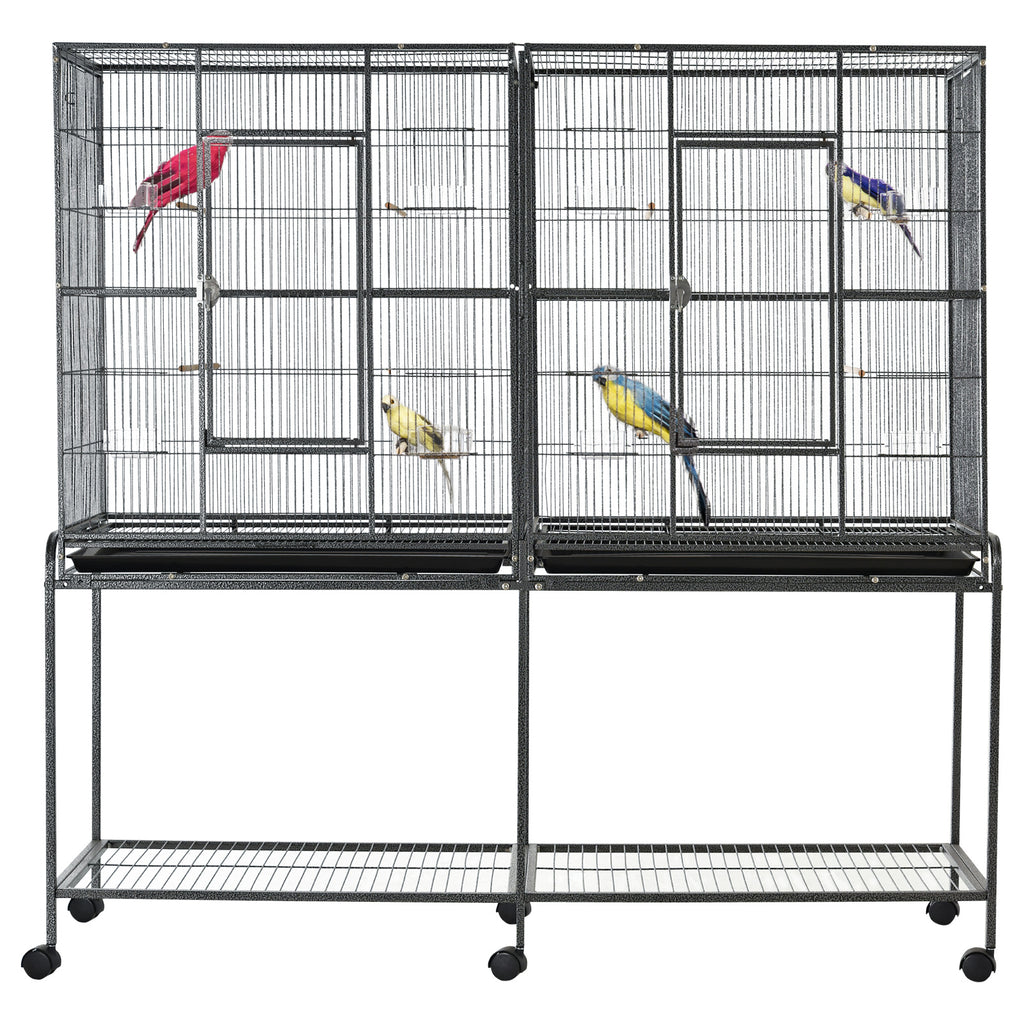 Rolling 65"L Bird Cage w/ Storage Shelf Wood Perch Food Container