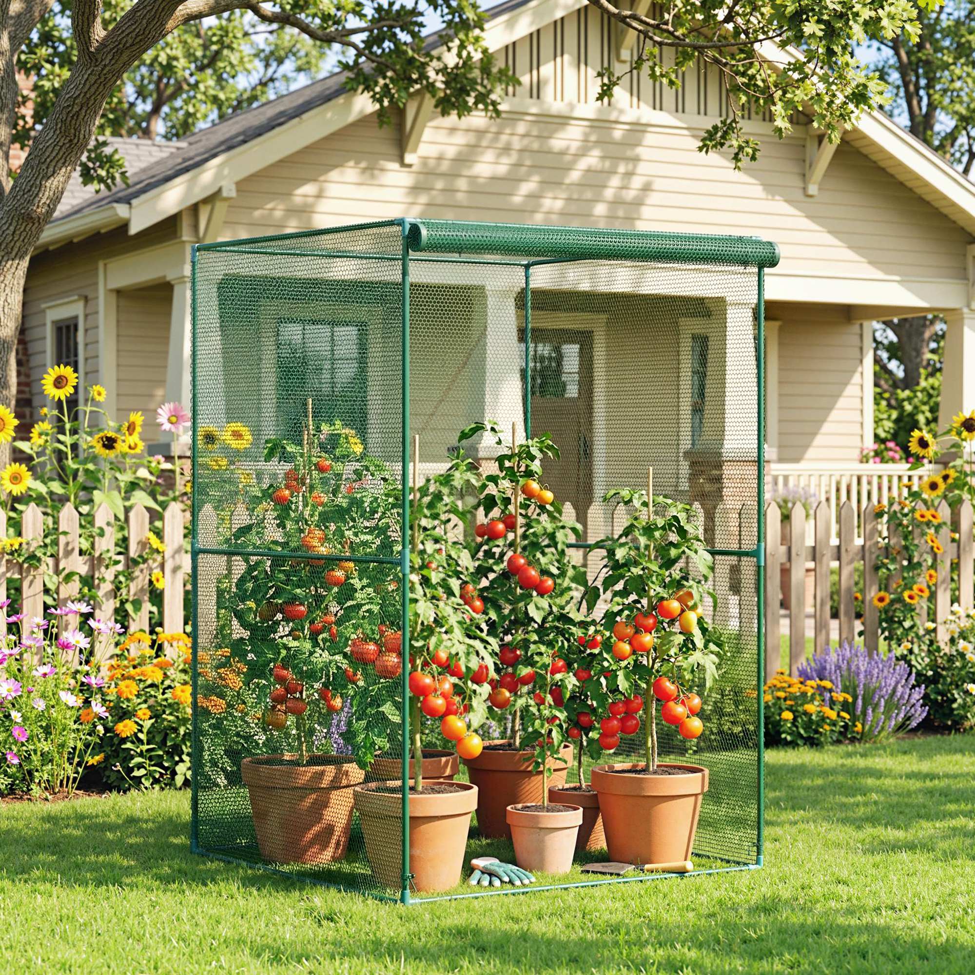 Walk-in Crop Cage, Plant Protectors from Animals with Roll Up Zippered Door, 3.9' x 3.9' x 5.9', Dark Green