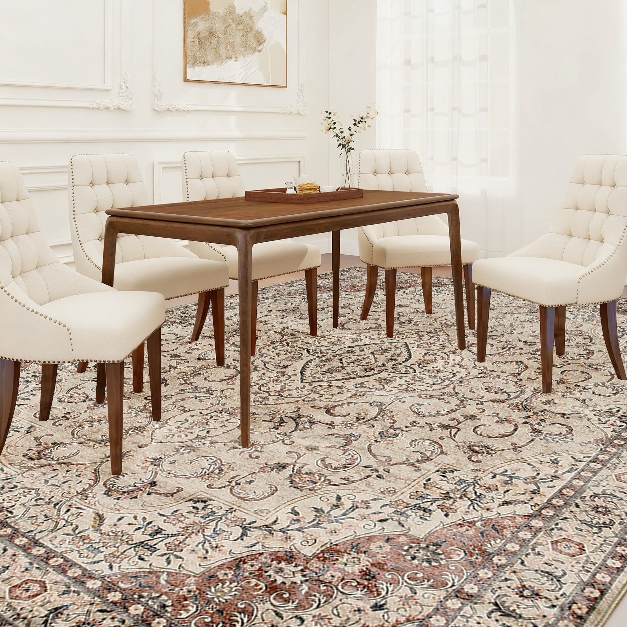 Area Rug 8x10, Machine Washable Rug, Non-Slip Classical Floral Print Floor Carpet for Living Room, Bedroom, Mixed-Brown