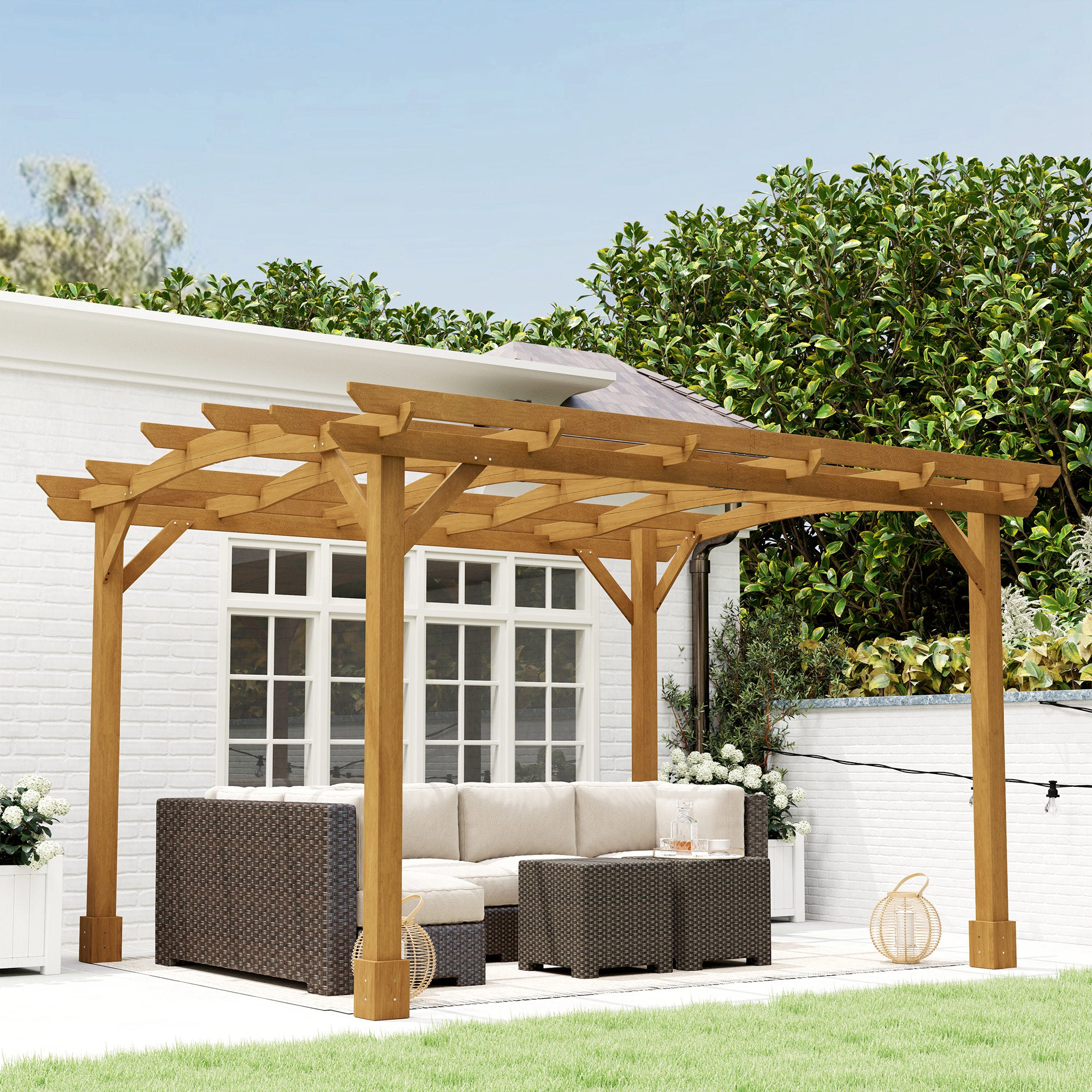 10' x 12' Wood Pergola, Outdoor Gazebo Grape Trellis with Arched Roof for Climbing Plant Support, Dark Brown